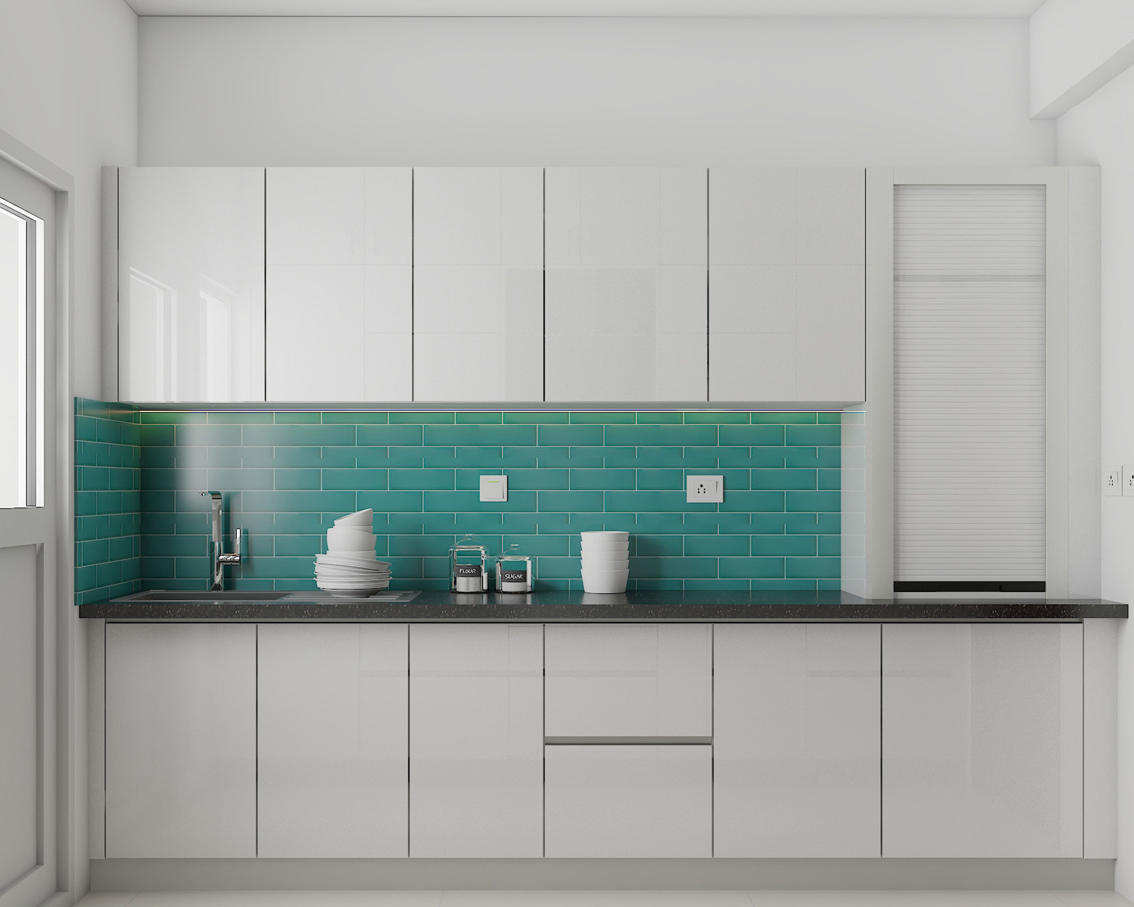 White And Turquoise Parallel Kitchen Design With Aluminium Rolling Shutter Storage - Livspace