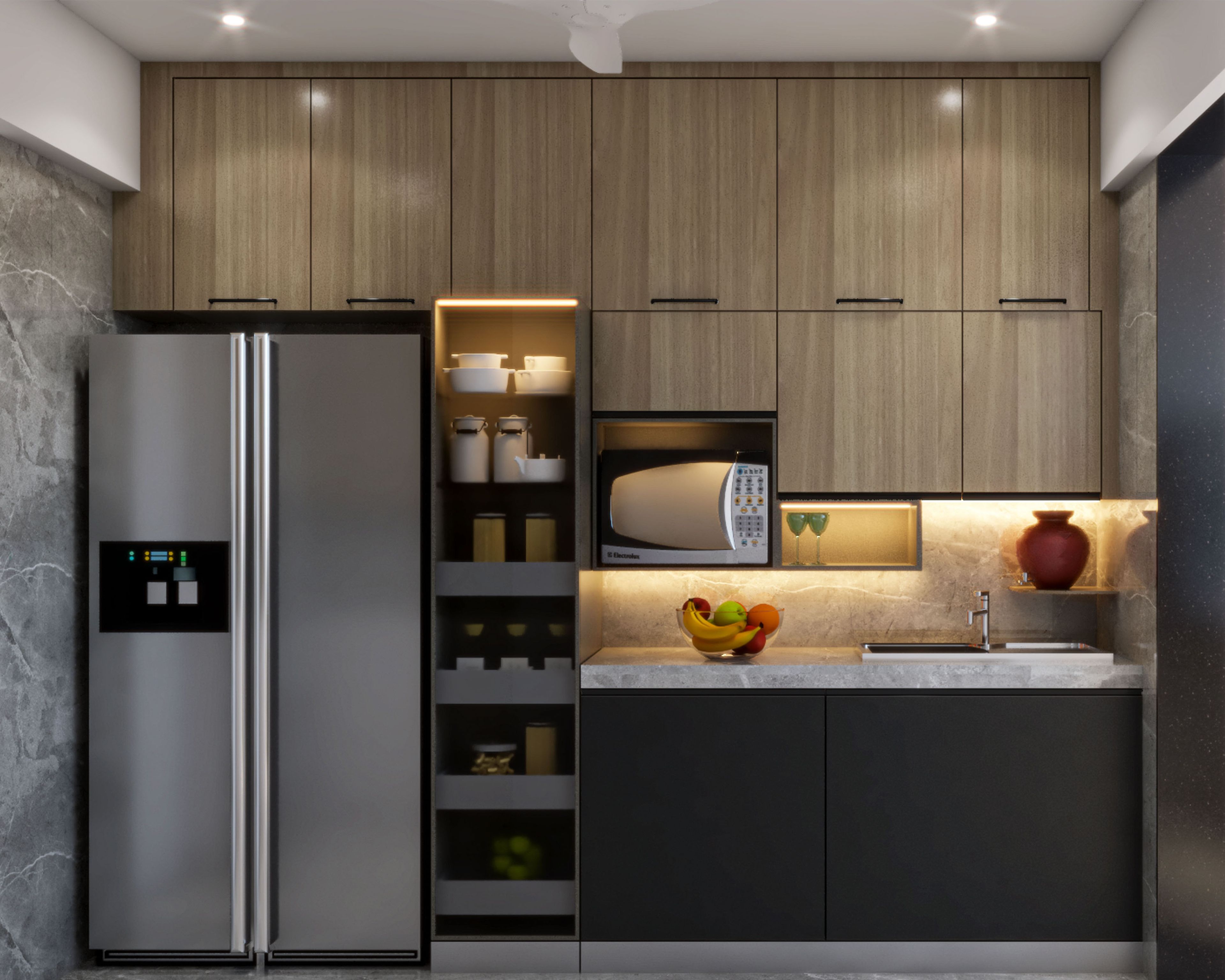 Parallel Kitchen Design With Tall Glass Unit