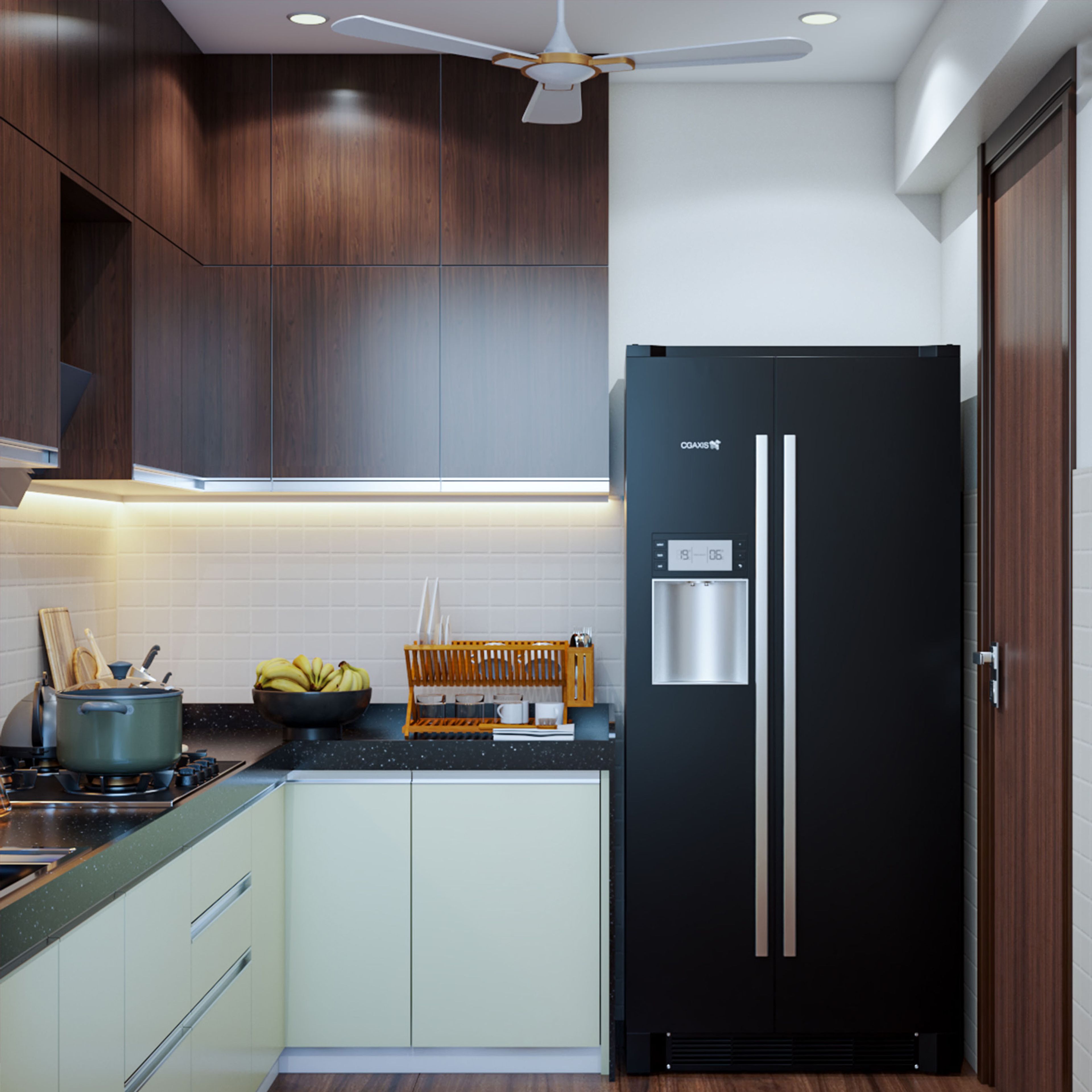 Walnut And Champagne-Toned L-Shaped Kitchen Design With Black Refrigerator - Livspace