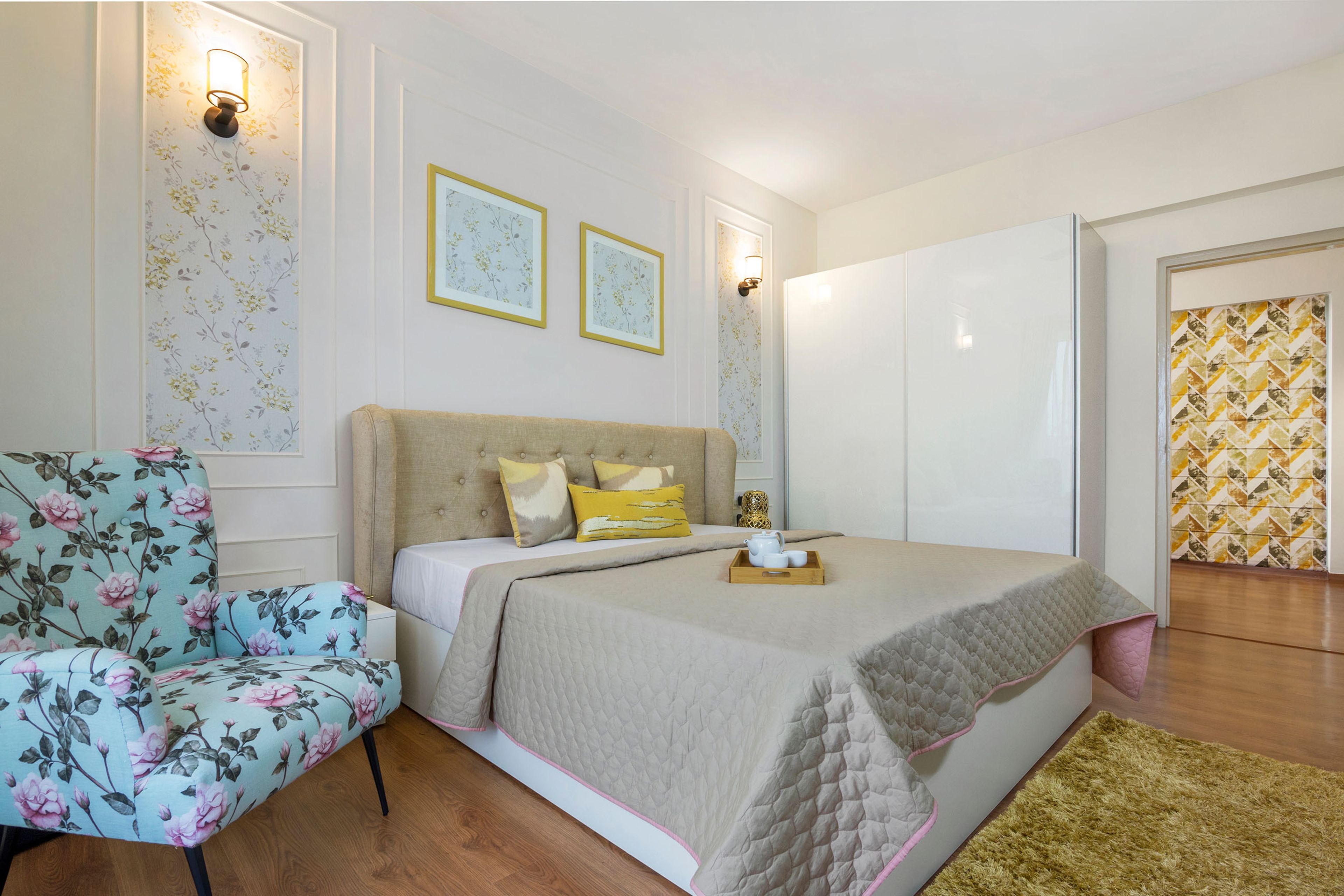 Minimal Master Bedroom Design With Blue Floral Accent Chair