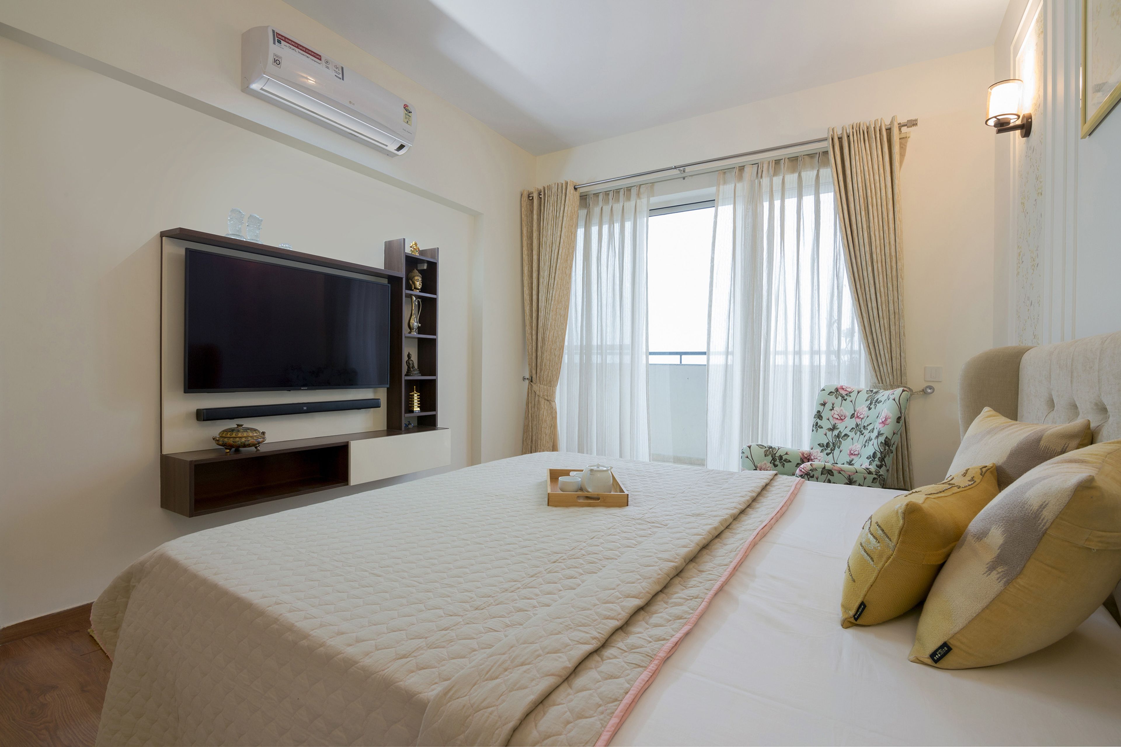 Master Bedroom With Wall-Mounted Wood And White TV Console - Livspace