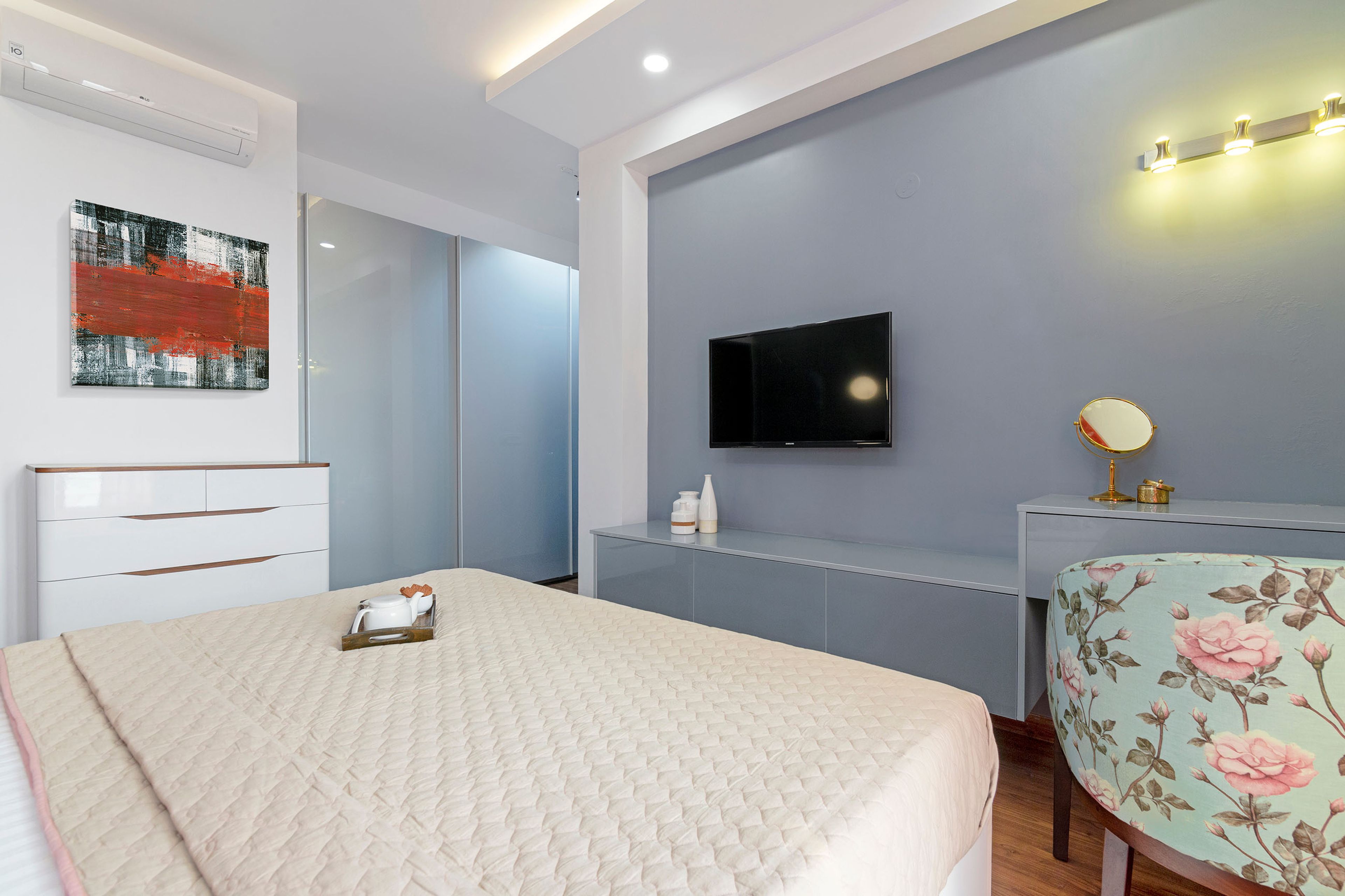 Master Bedroom With Stepped Grey TV Console And 2-Door Sliding Wardrobe - Livspace