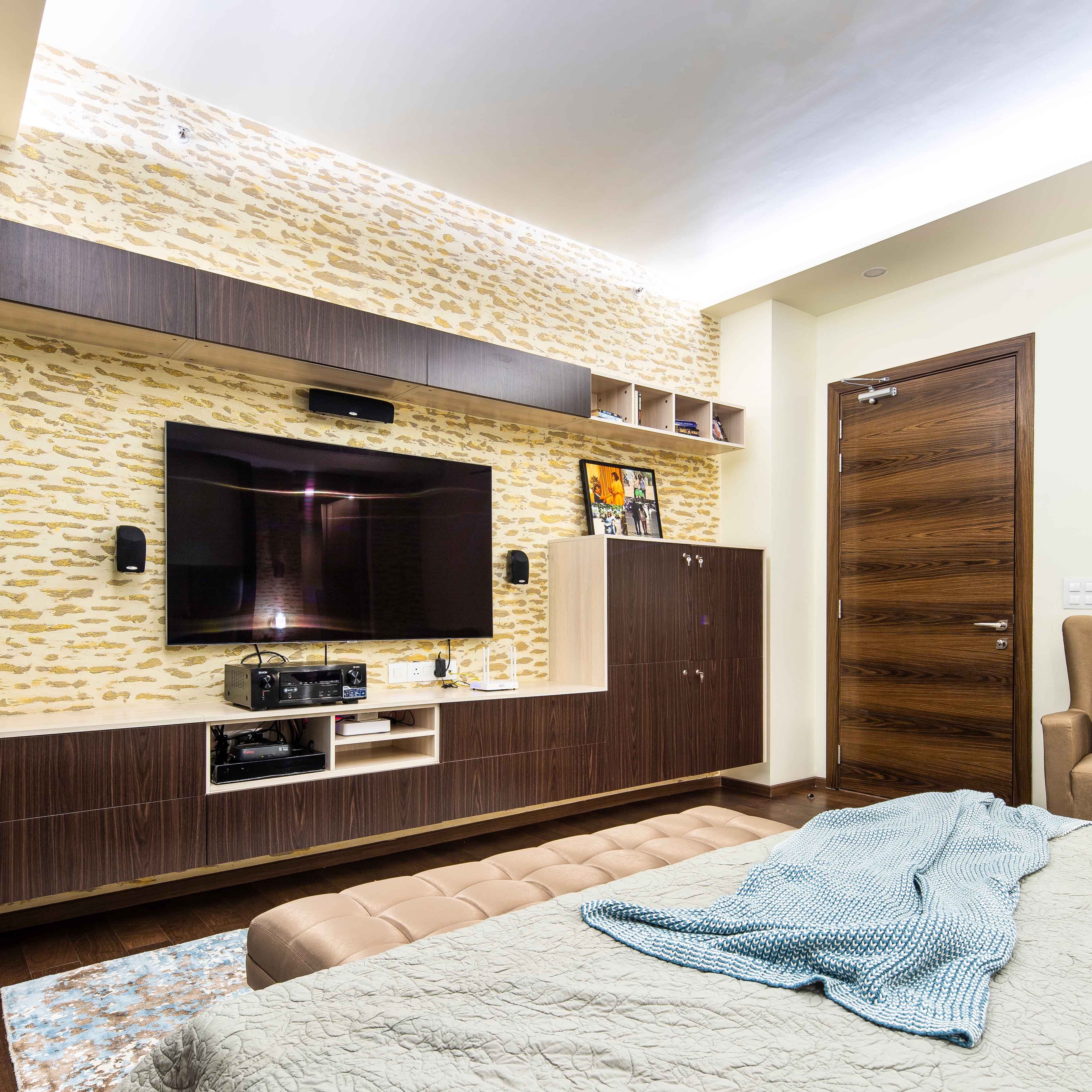 Master Bedroom With Wall-Mounted Wooden TV Console - Livspace