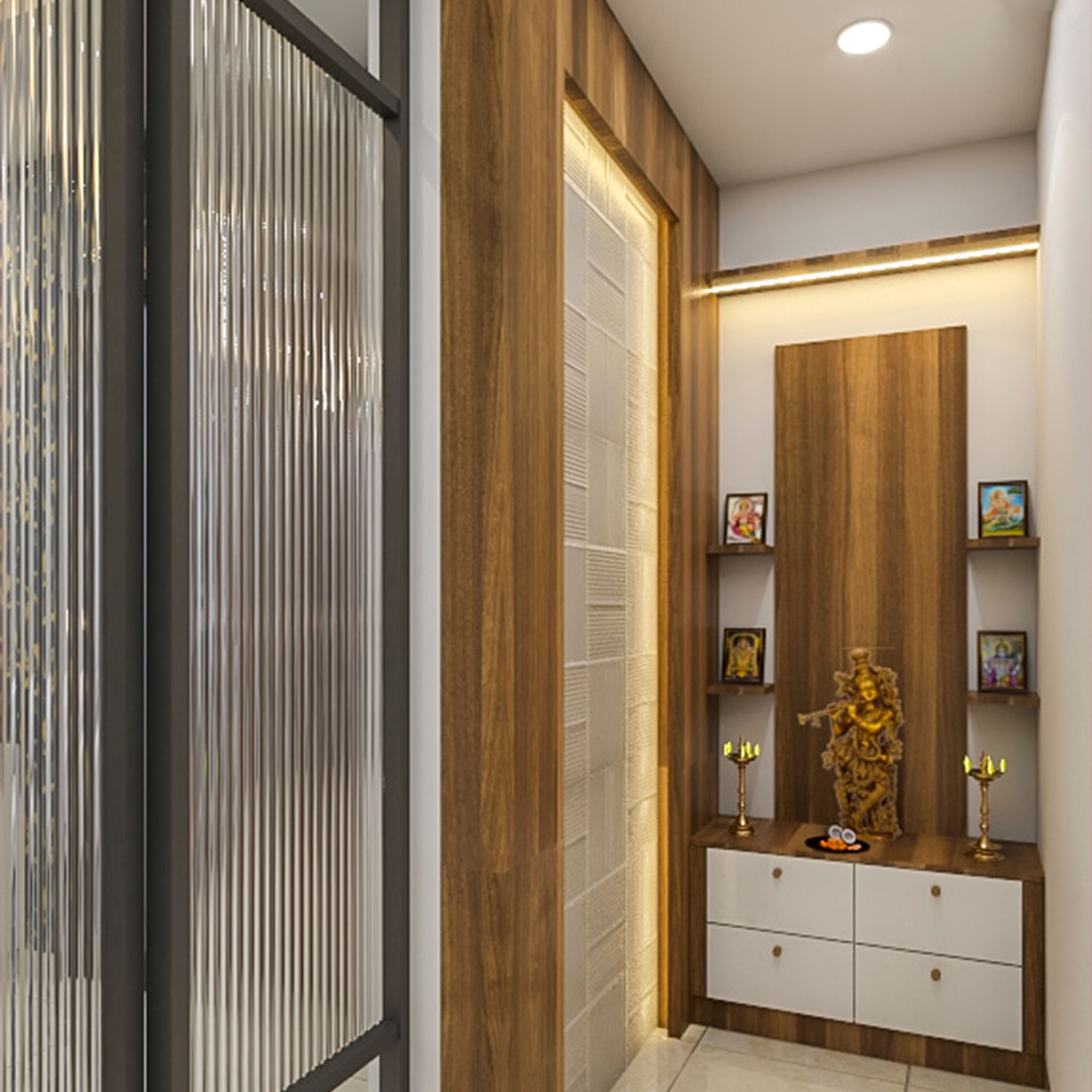 Modern Walnut Bronze and Frosty White Floor Mount Pooja Mandir Design - Livspace