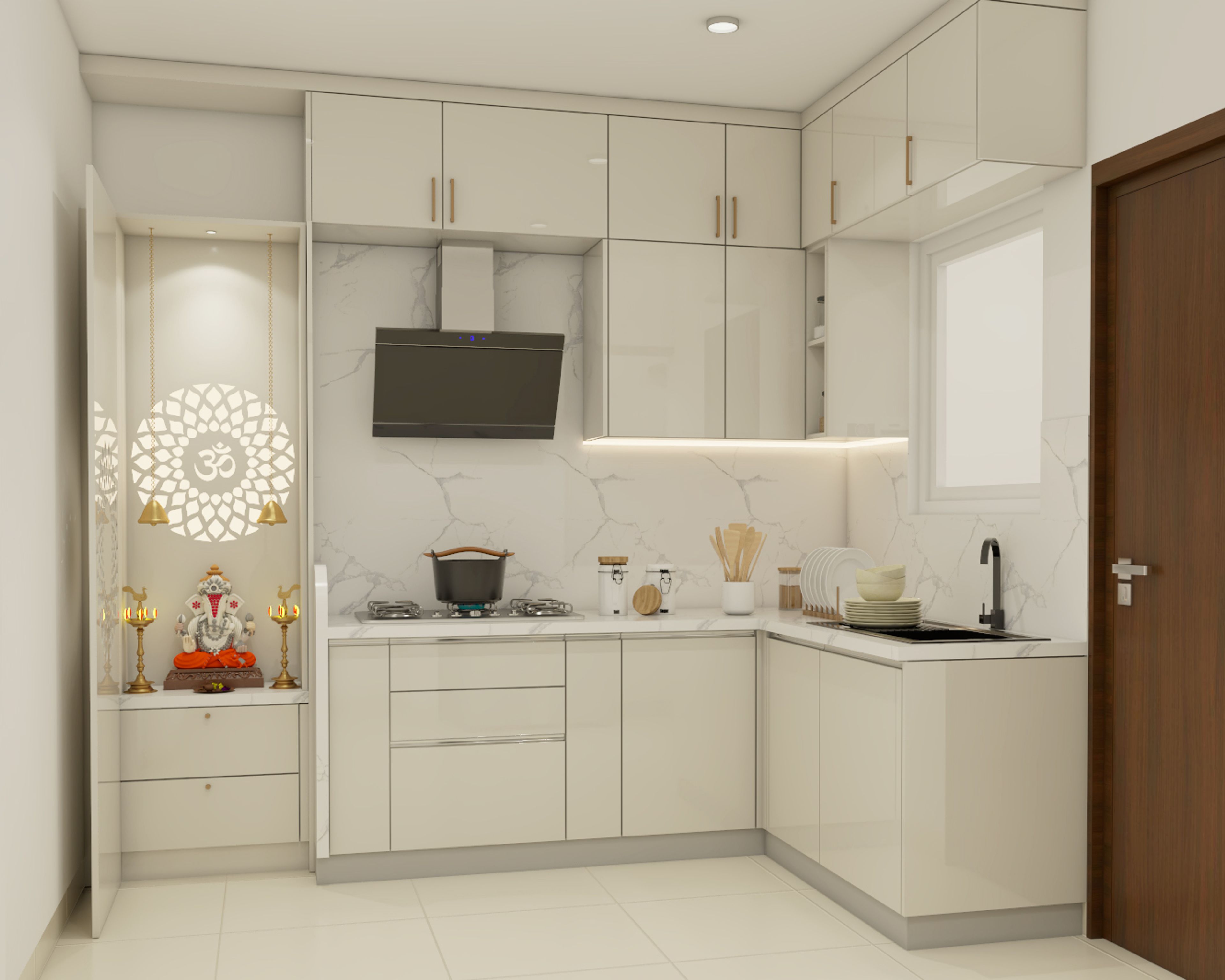 Contemporary Frosty White Floor Mount Pooja Mandir Design with 2-Drawer Storage - Livspace