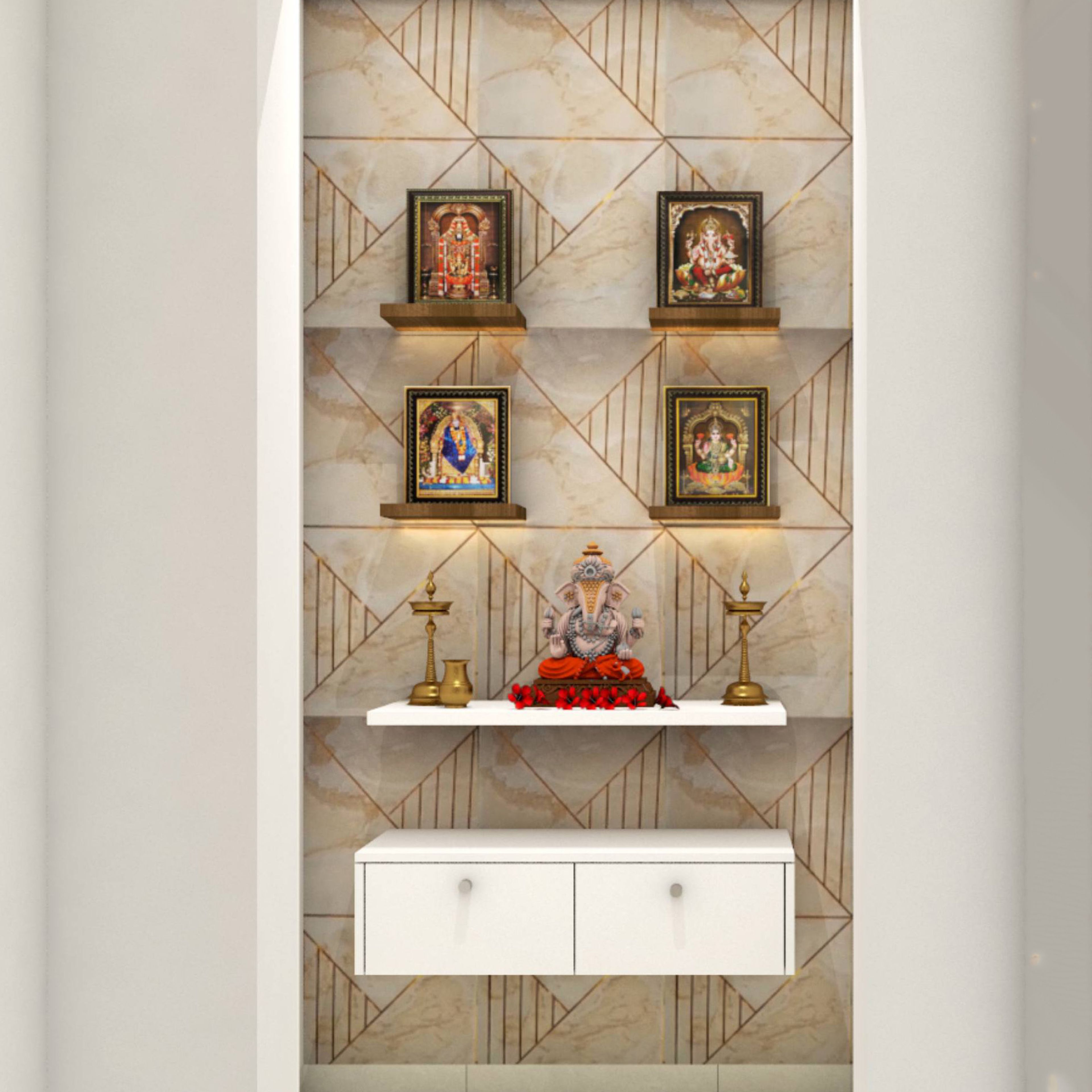Contemporary Frosty White Wall Mount Pooja Mandir Design with 2-Drawer Storage - Livspace