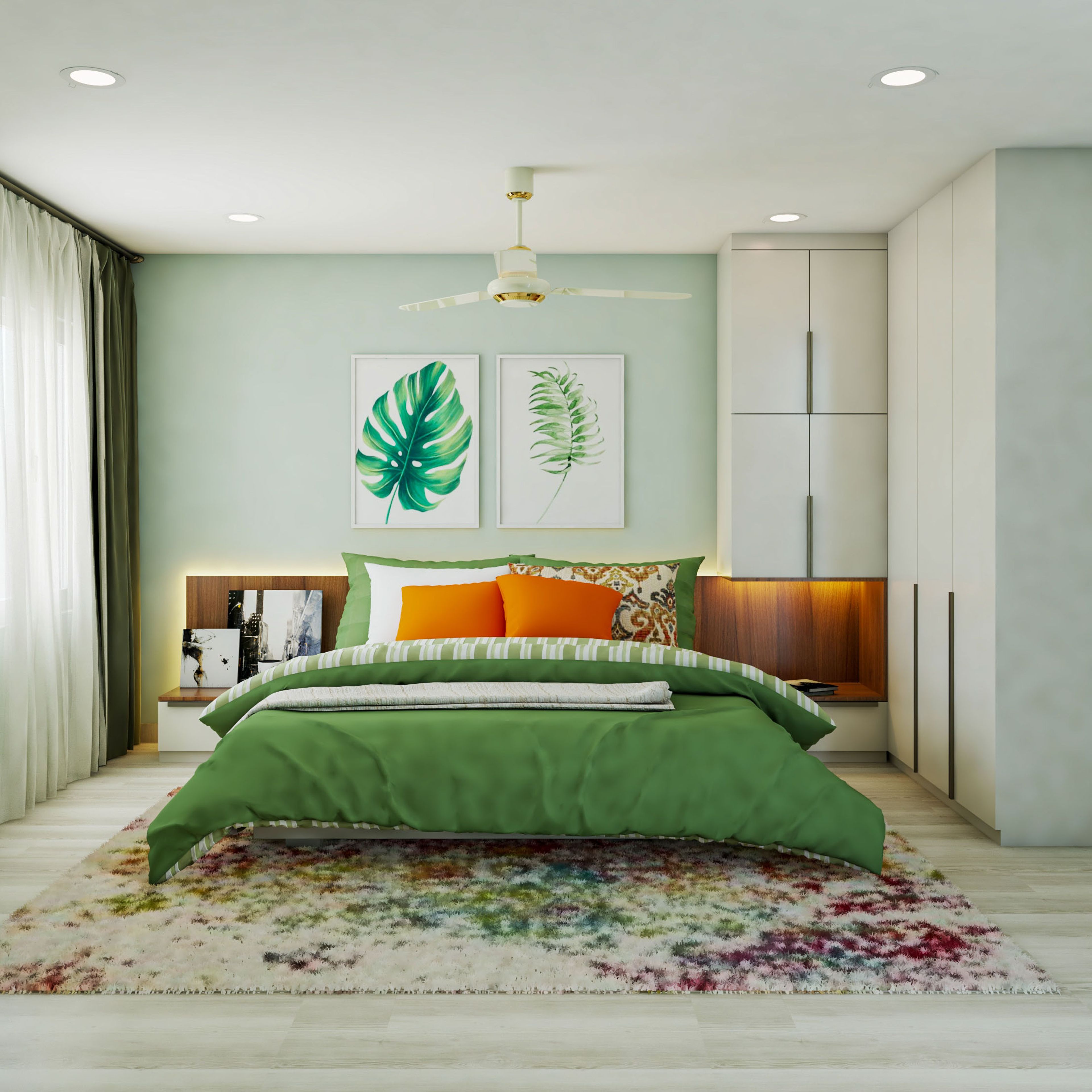 Green Space-Saving Master Bedroom With Leafy Artwork And Swing White Wardrobe - Livspace