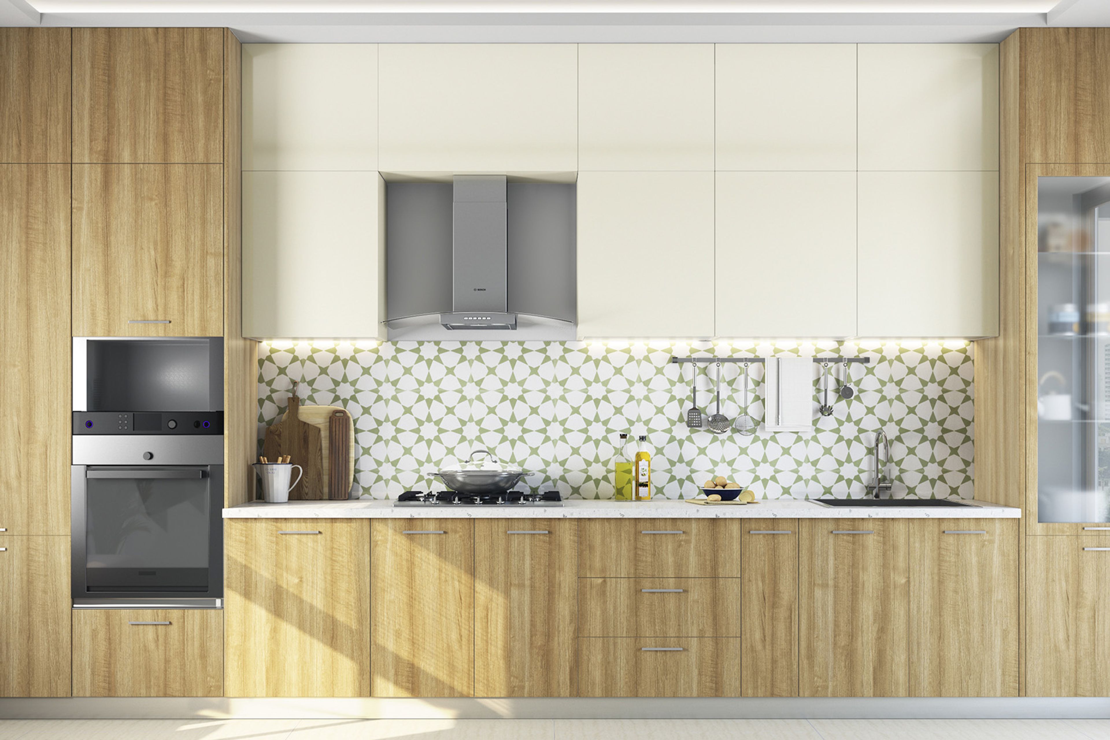 Contemporary Ceramic Green And White Moroccan Star Kitchen Tile Design