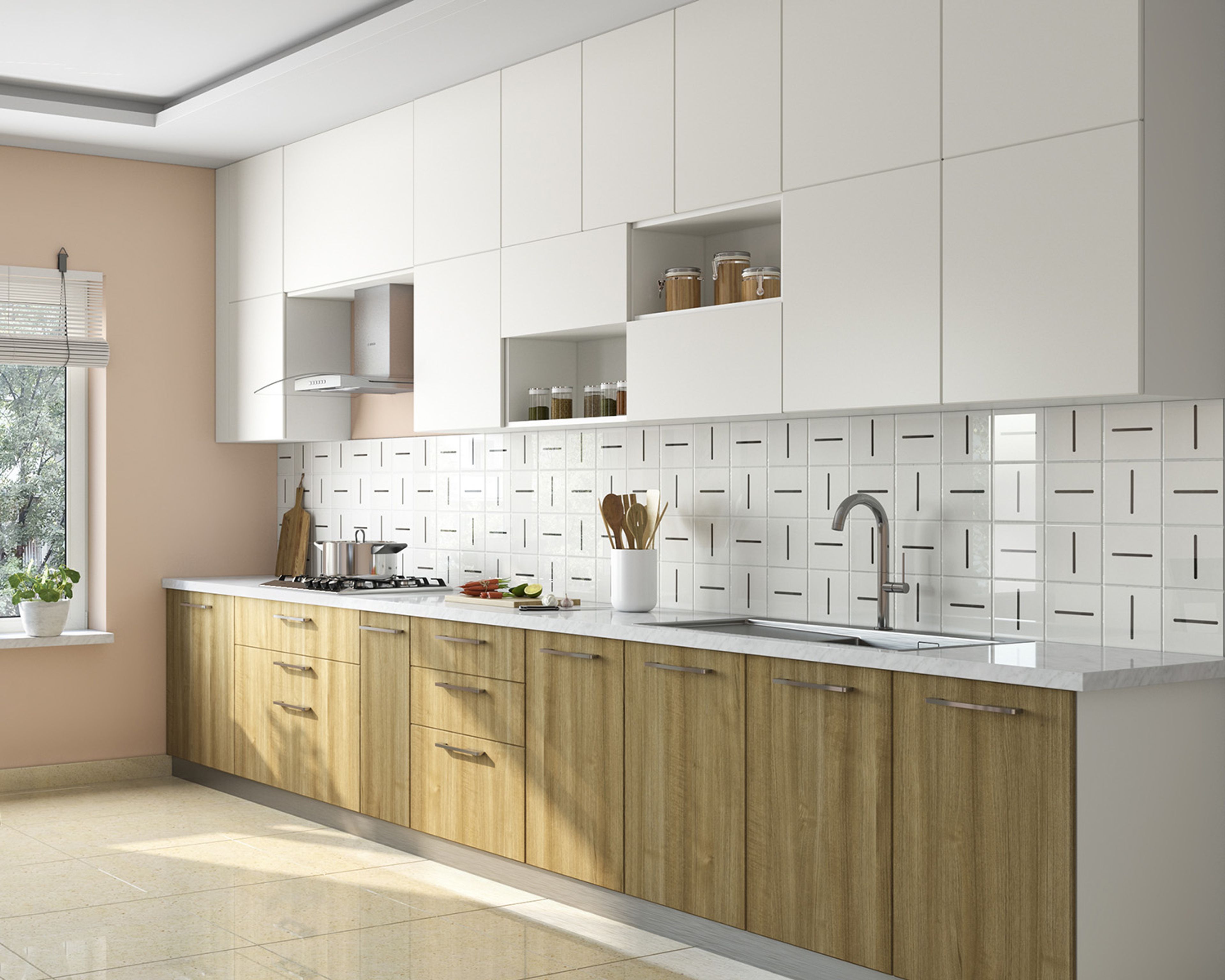 Contemporary White And Black Kitchen Tile Design With Wooden Kitchen Cabinets