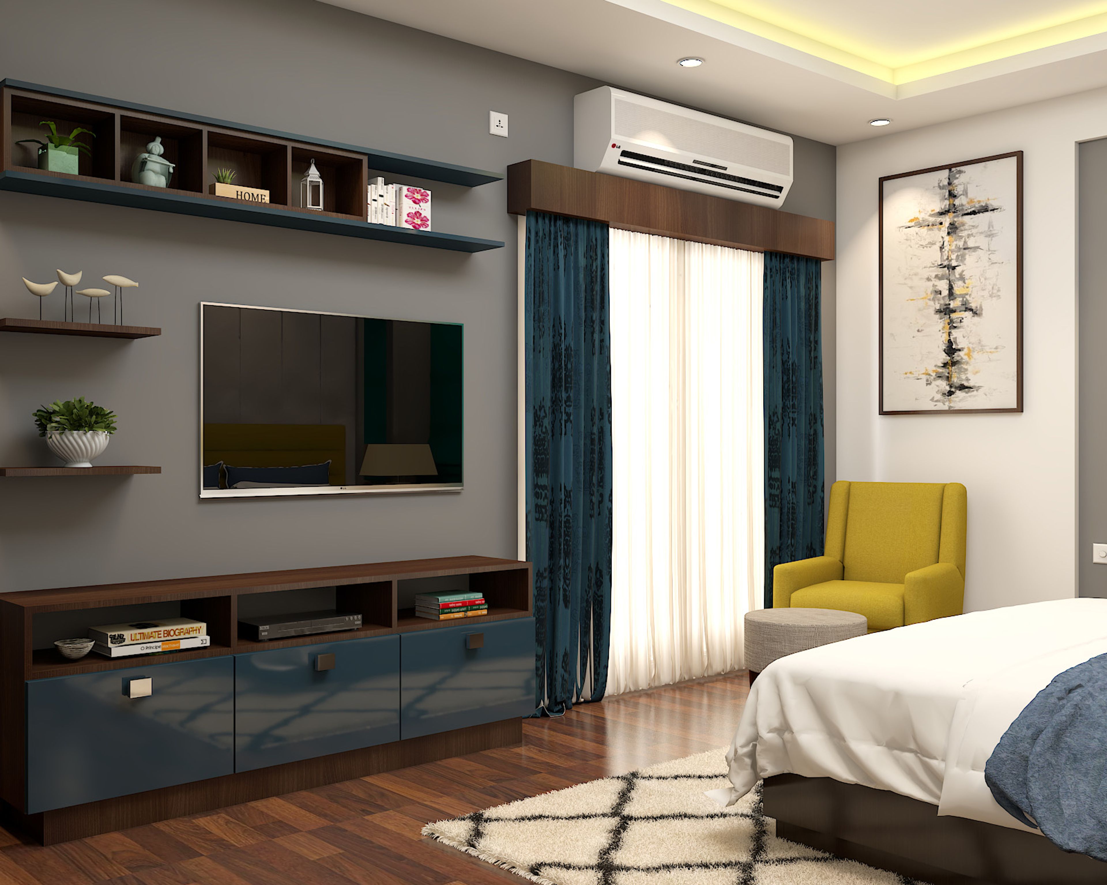 Modern Shore and Tawny Balsam TV Unit with Blue Cabinet Storage - Livspace