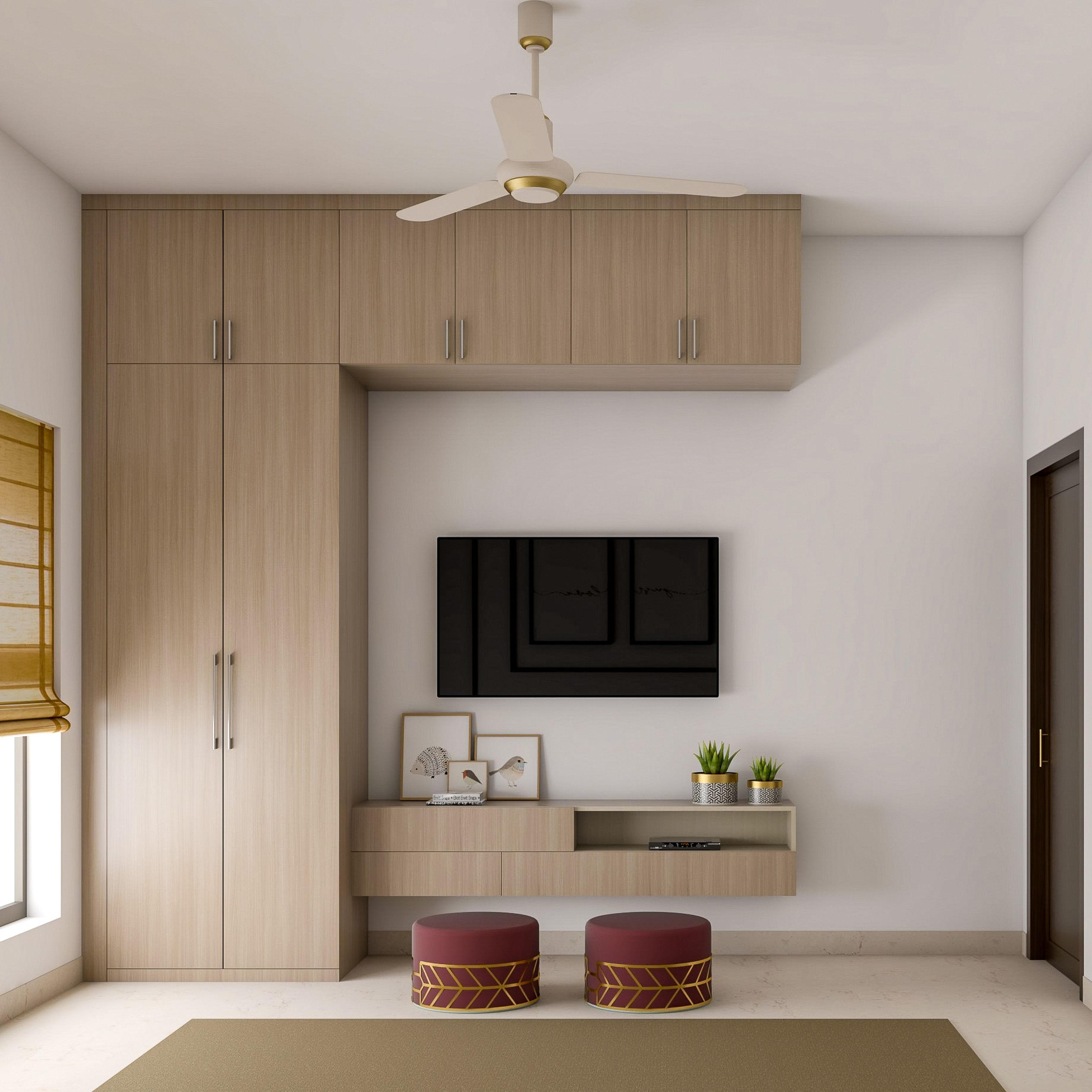 Modern Wooden Wall-Mounted TV Console Design With 2-Door Swing Wardrobe