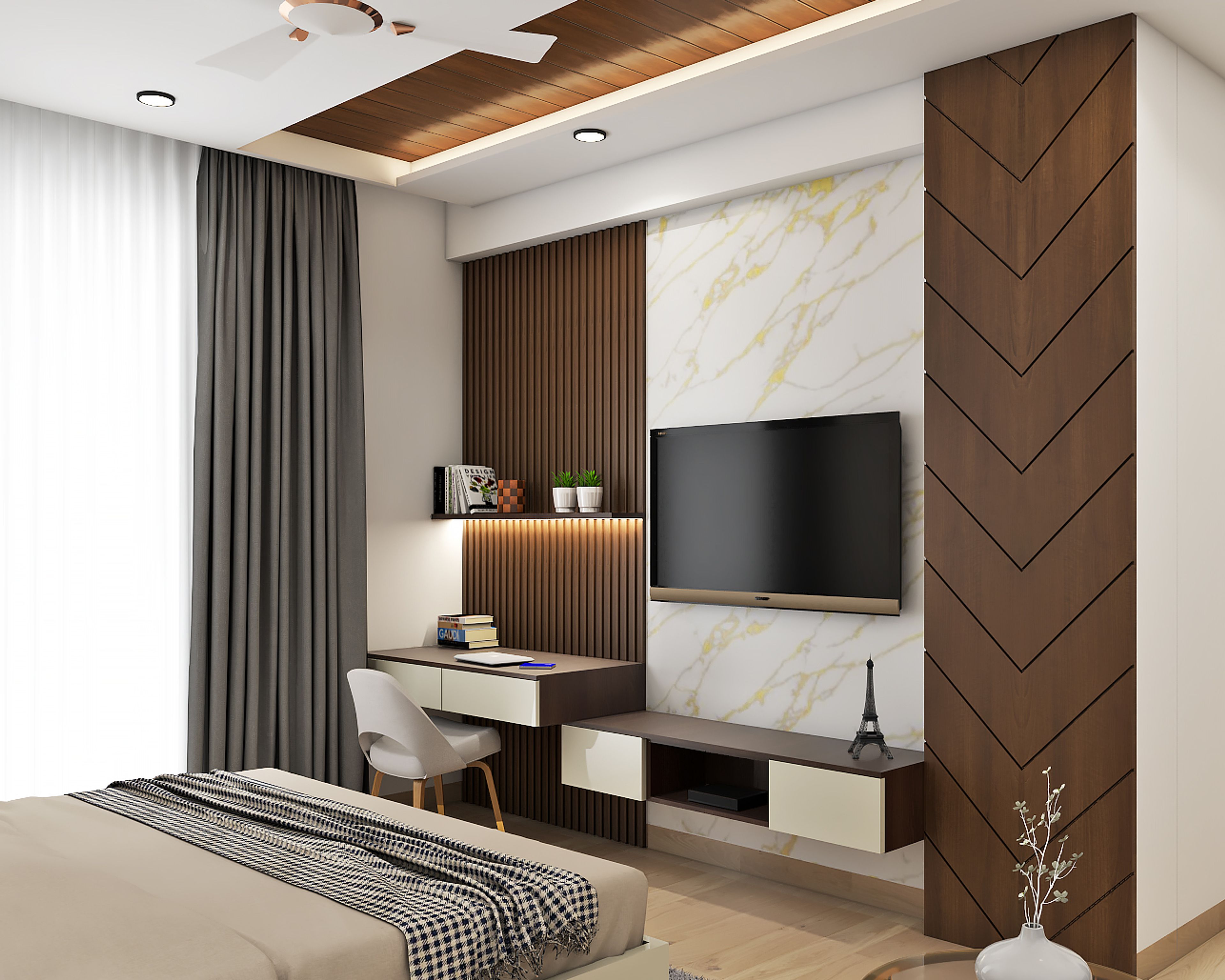 Contemporary Champagne-Toned And Wooden TV Unit Design With Marble Finish And Patterned Wooden Wall Panels