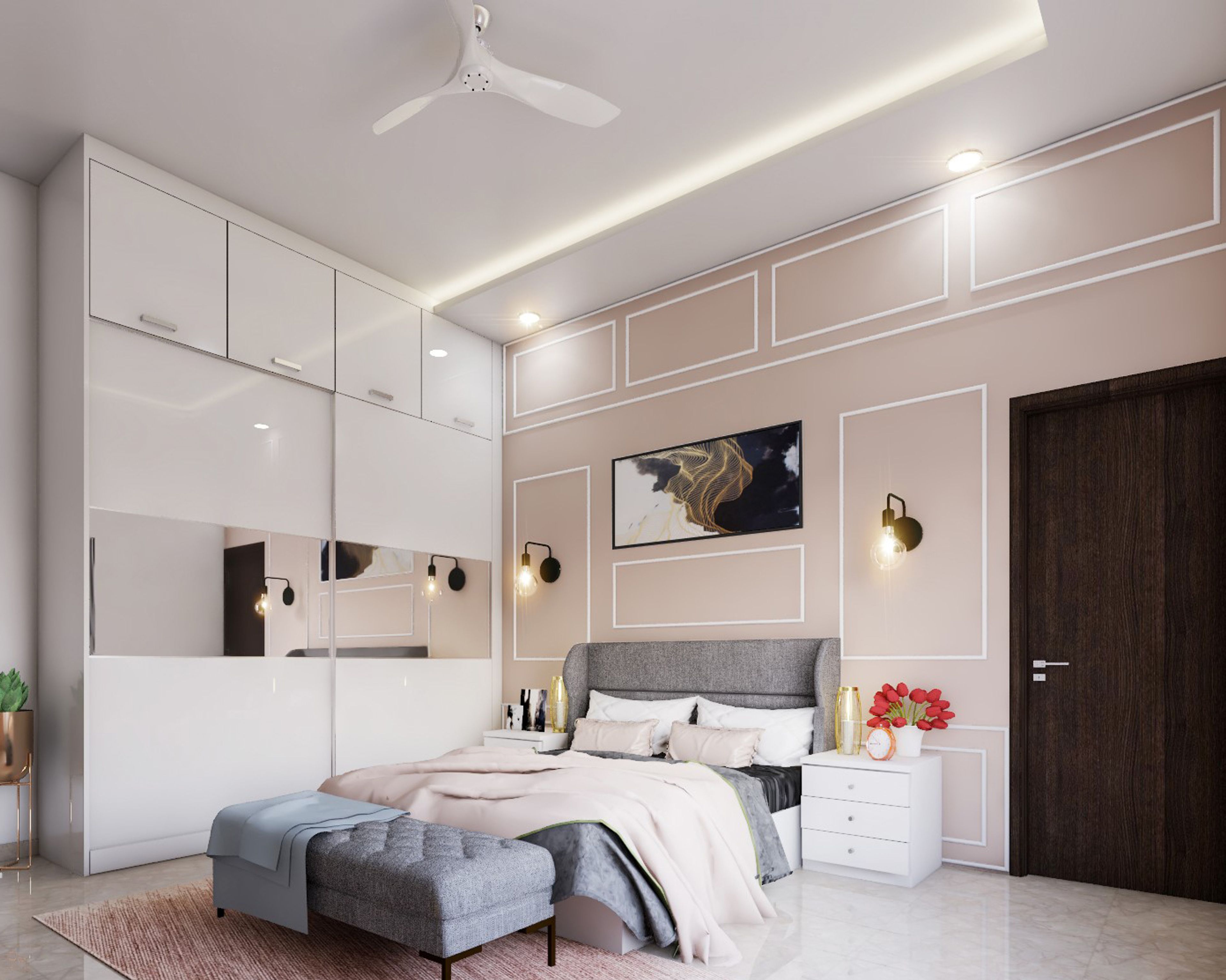 Mid-Century Modern Bedroom Wall Paint Design In Light Pink With White Wall Trims