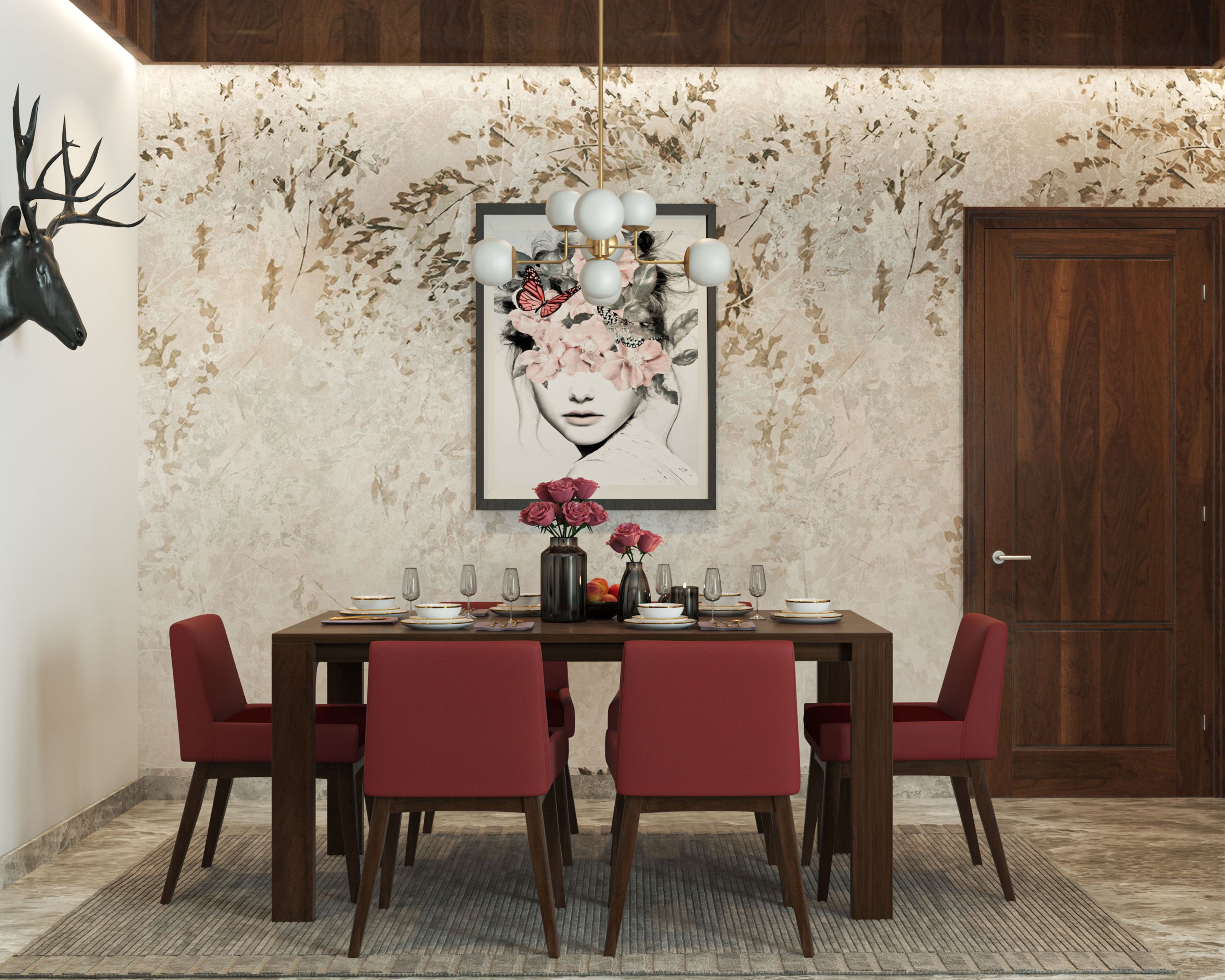 Beige And Brown Leafy Wallpaper Design For Dining Rooms - Livspace