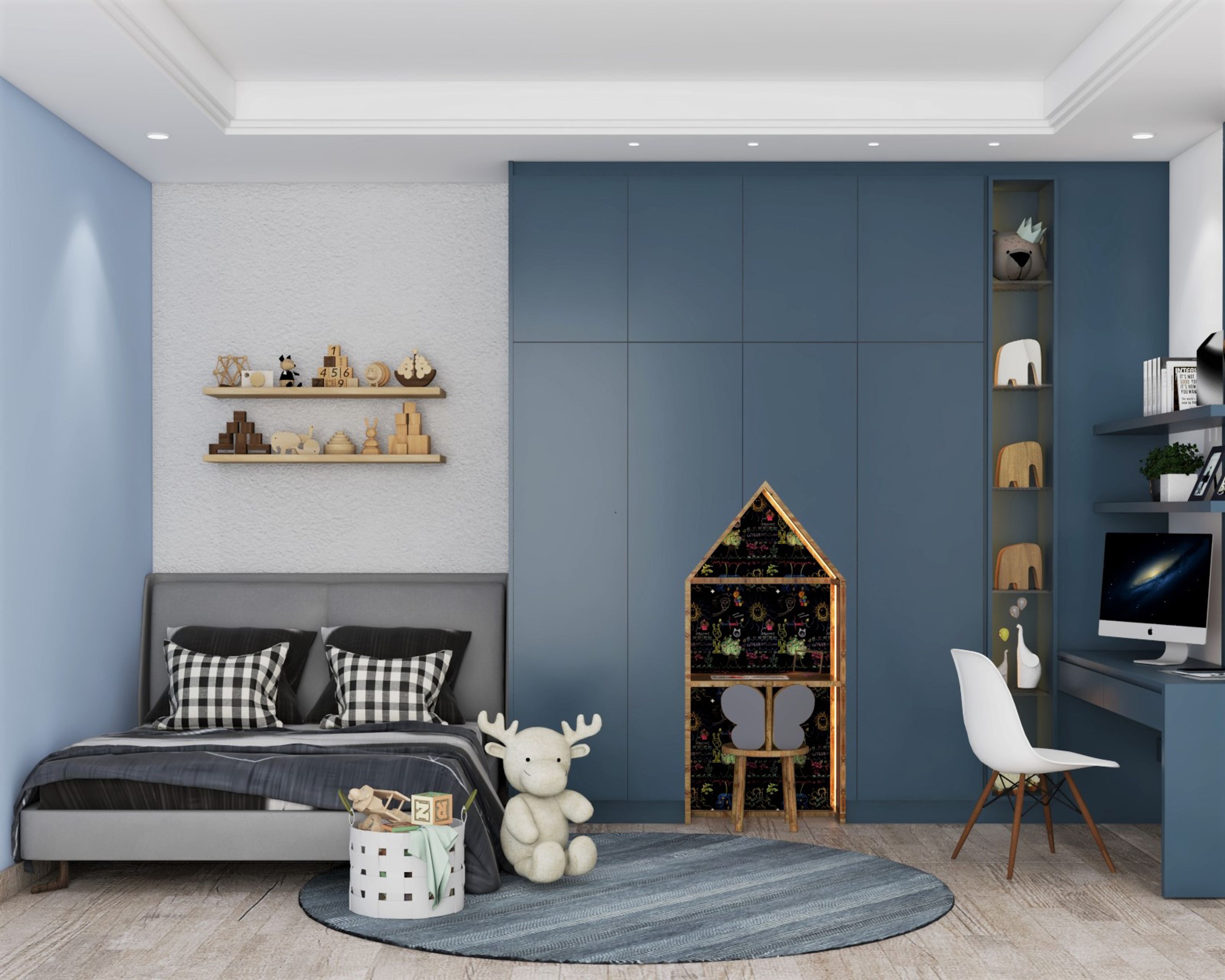 Contemporary Shore Blue 4-Door Swing Wardrobe Design With Integrated Wooden Study Unit