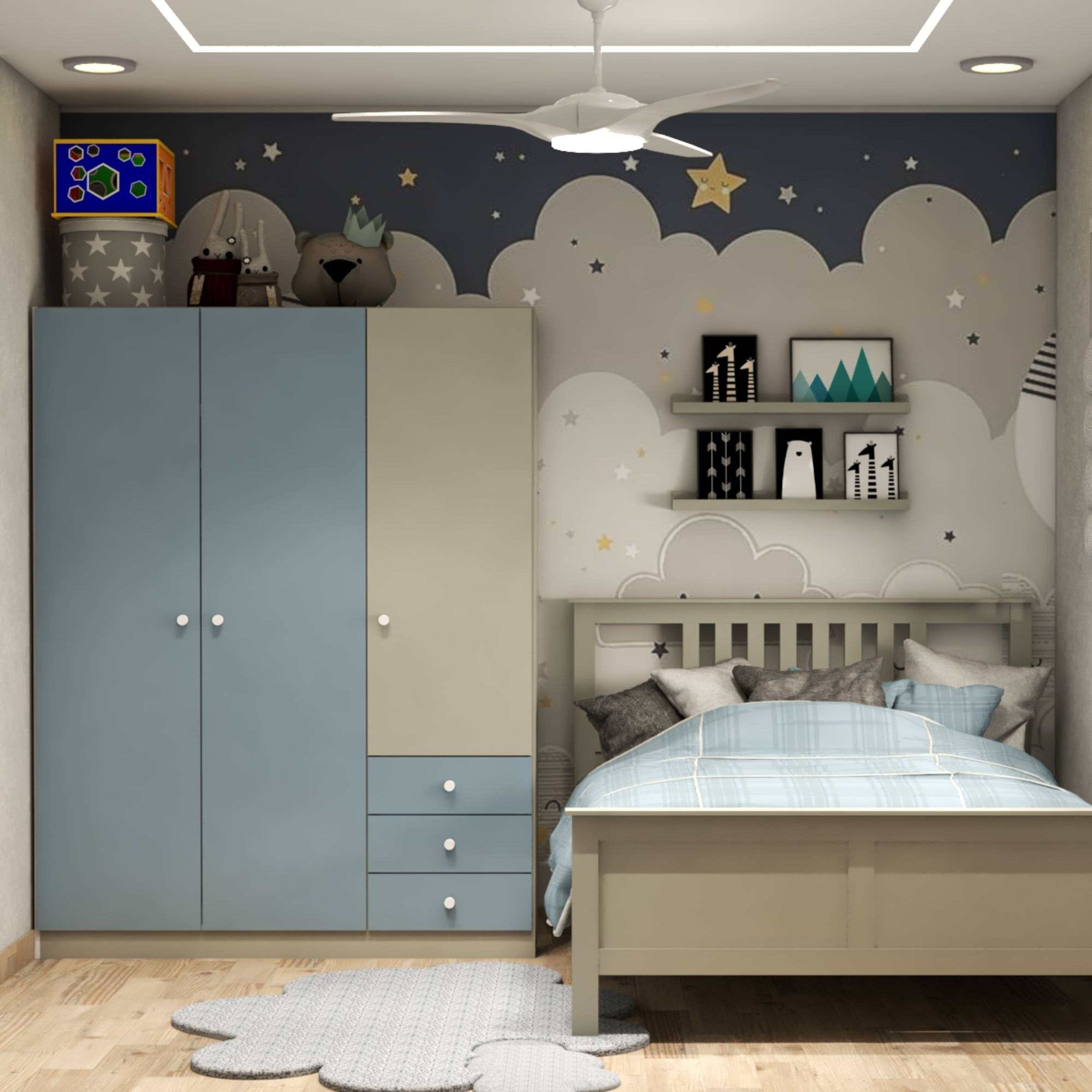 Modern 3-Door Irish Cream And Blue Swing Wardrobe Design With Drawer Storage