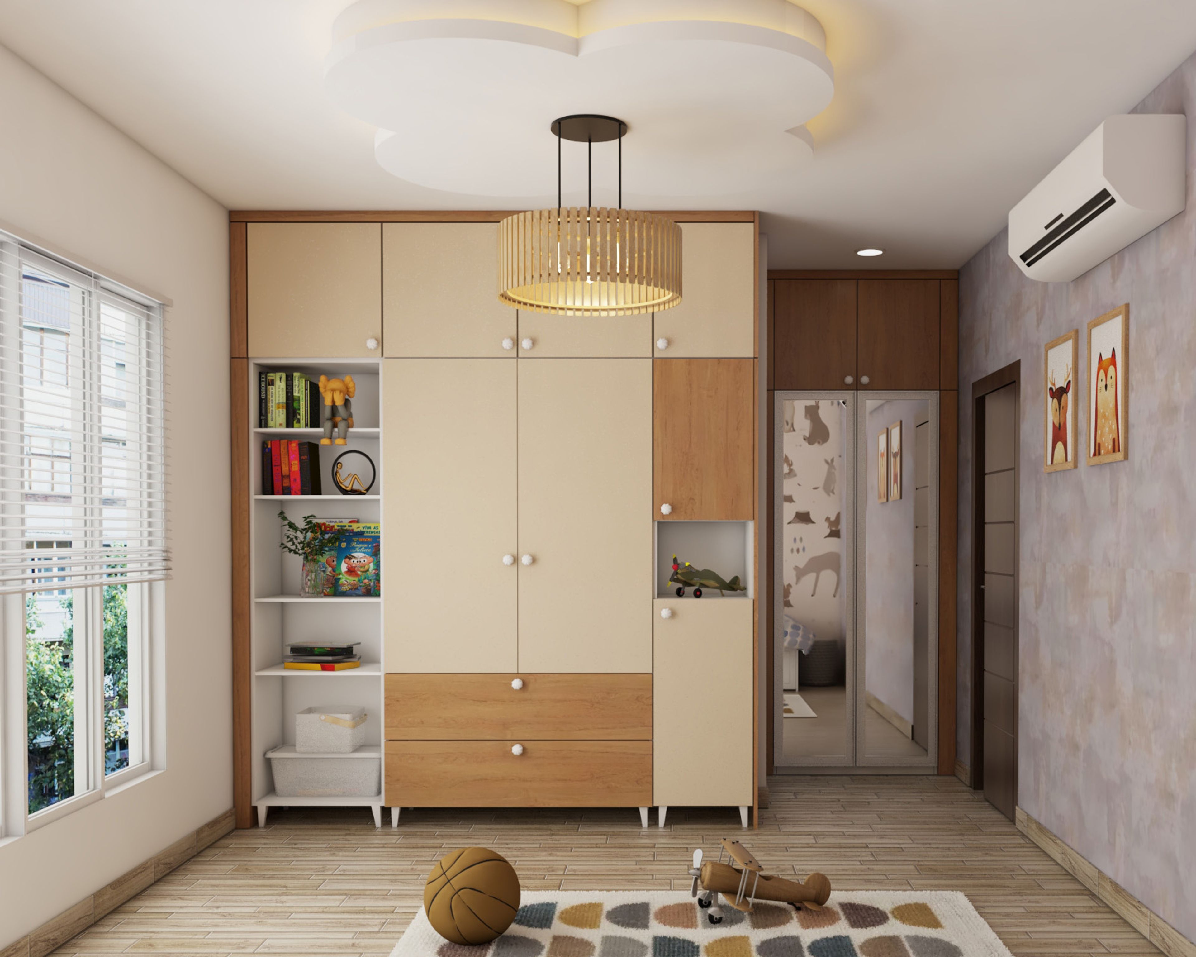 Scandinavian 2-Door Irish Cream And Wood Swing Wardrobe Design With Open Storage Unit