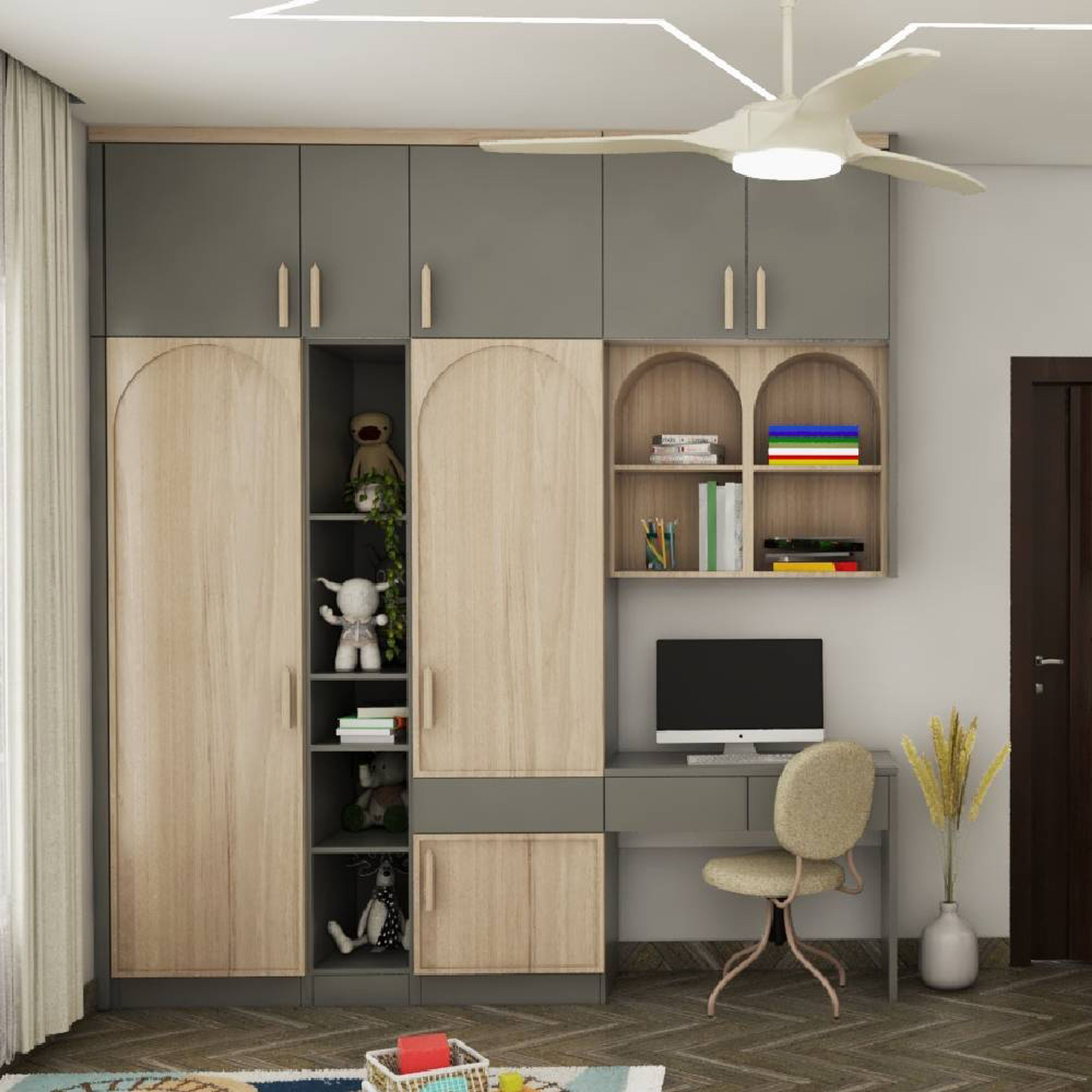 Scandinavian Wood And Dove Grey 2-Door Swing Wardrobe Design With Integrated Study Table