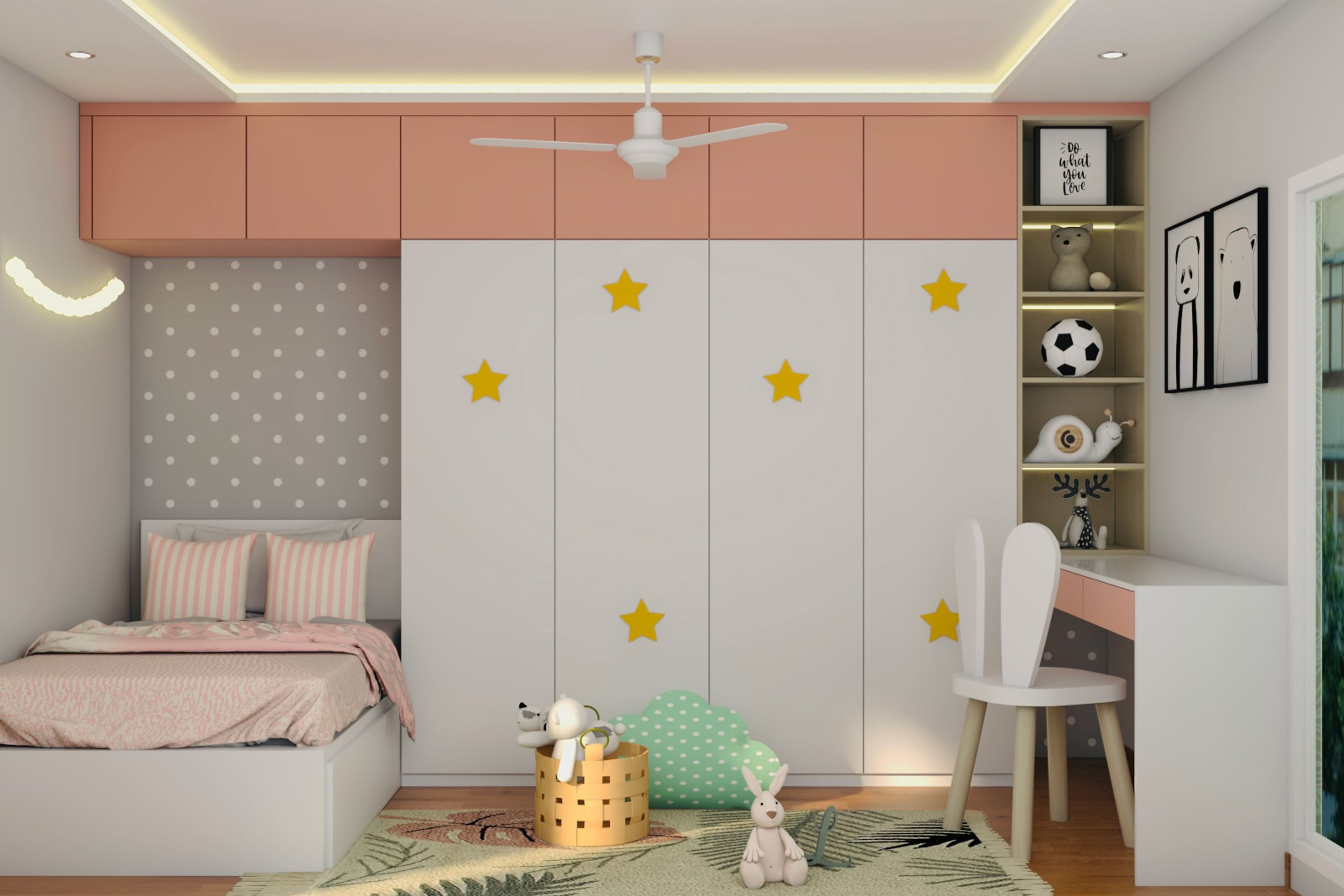 4-Door Rose Pink And White Contemporary Swing Wardrobe Design With Integrated Bed