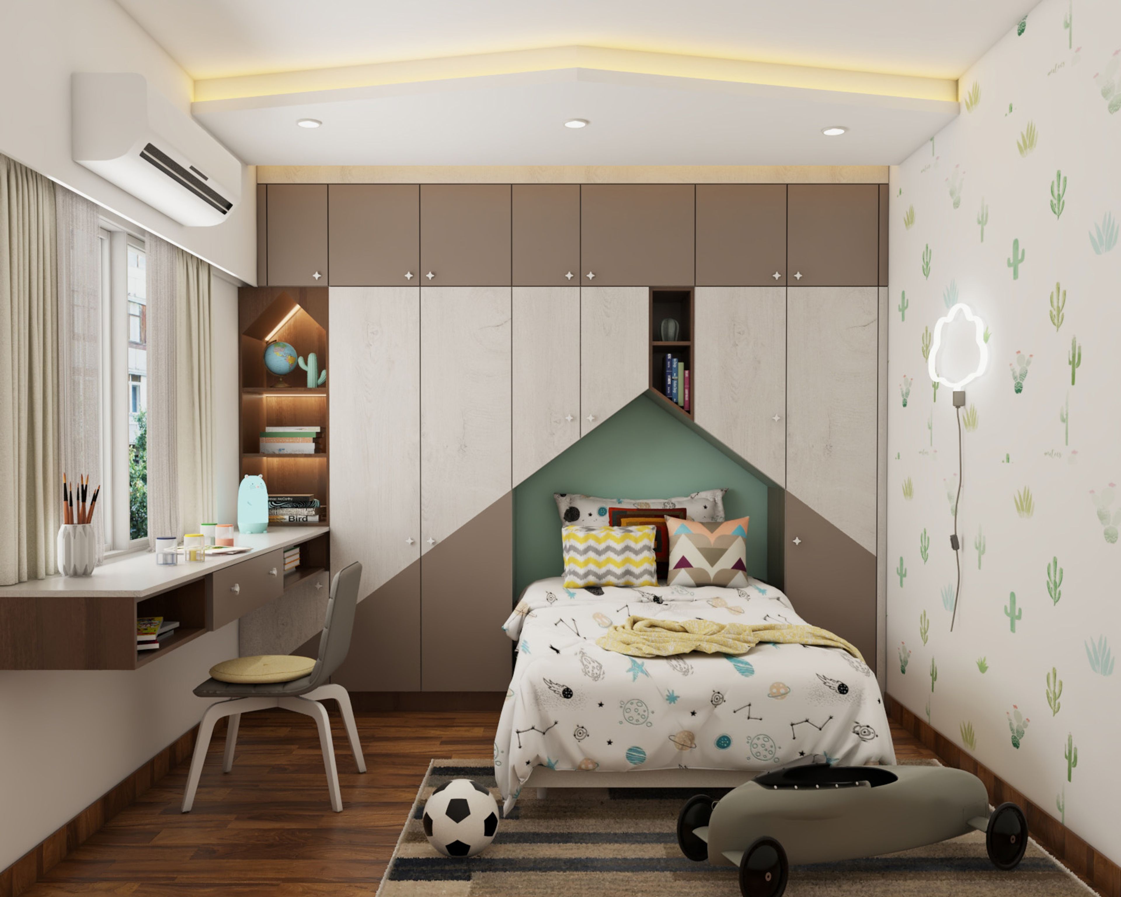 Scandinavian 6-Door Brown And Beige Swing Wardrobe Design With Integrated Bed