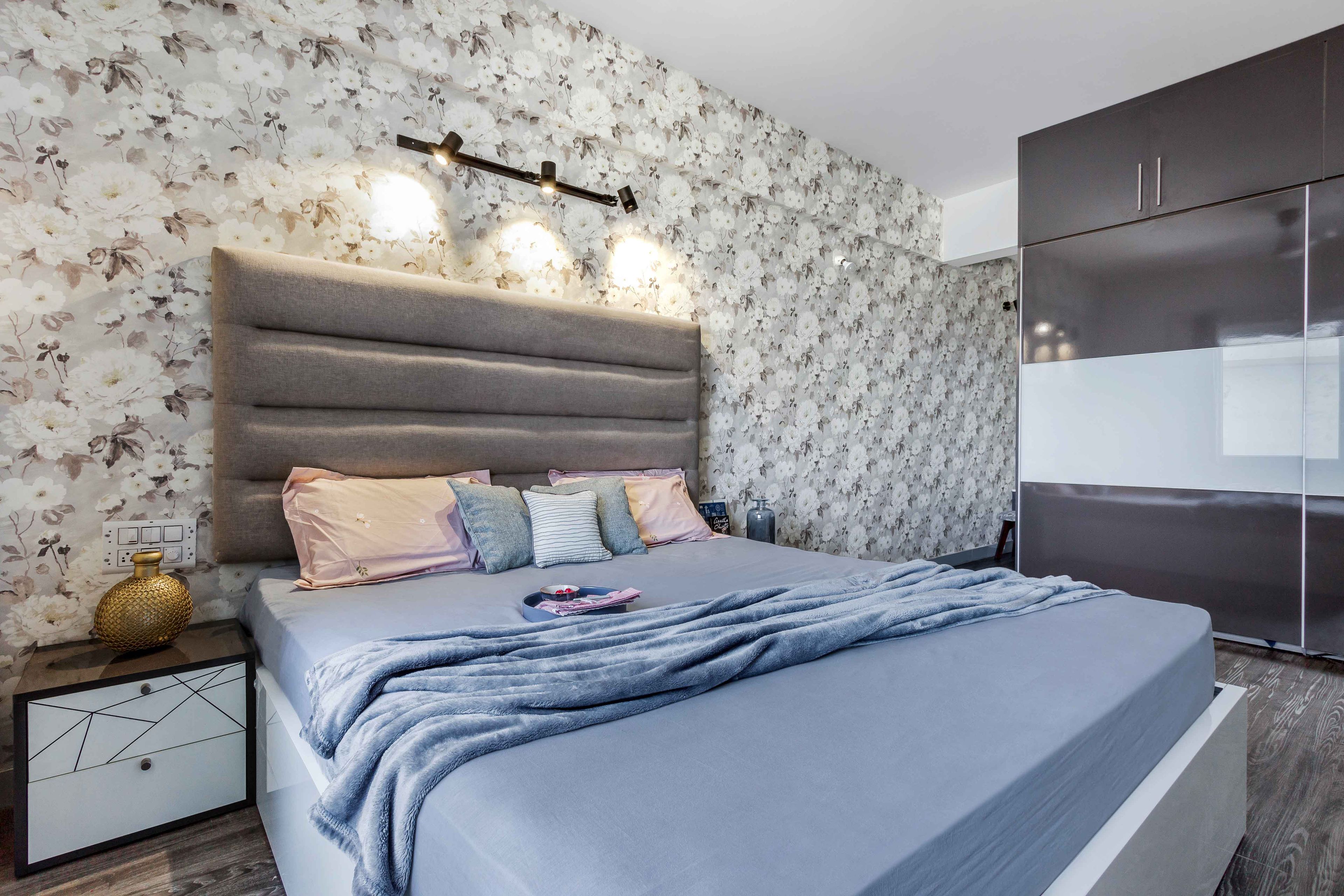 Modern Grey And Blue Master Bedroom Design With Floral Wallpaper