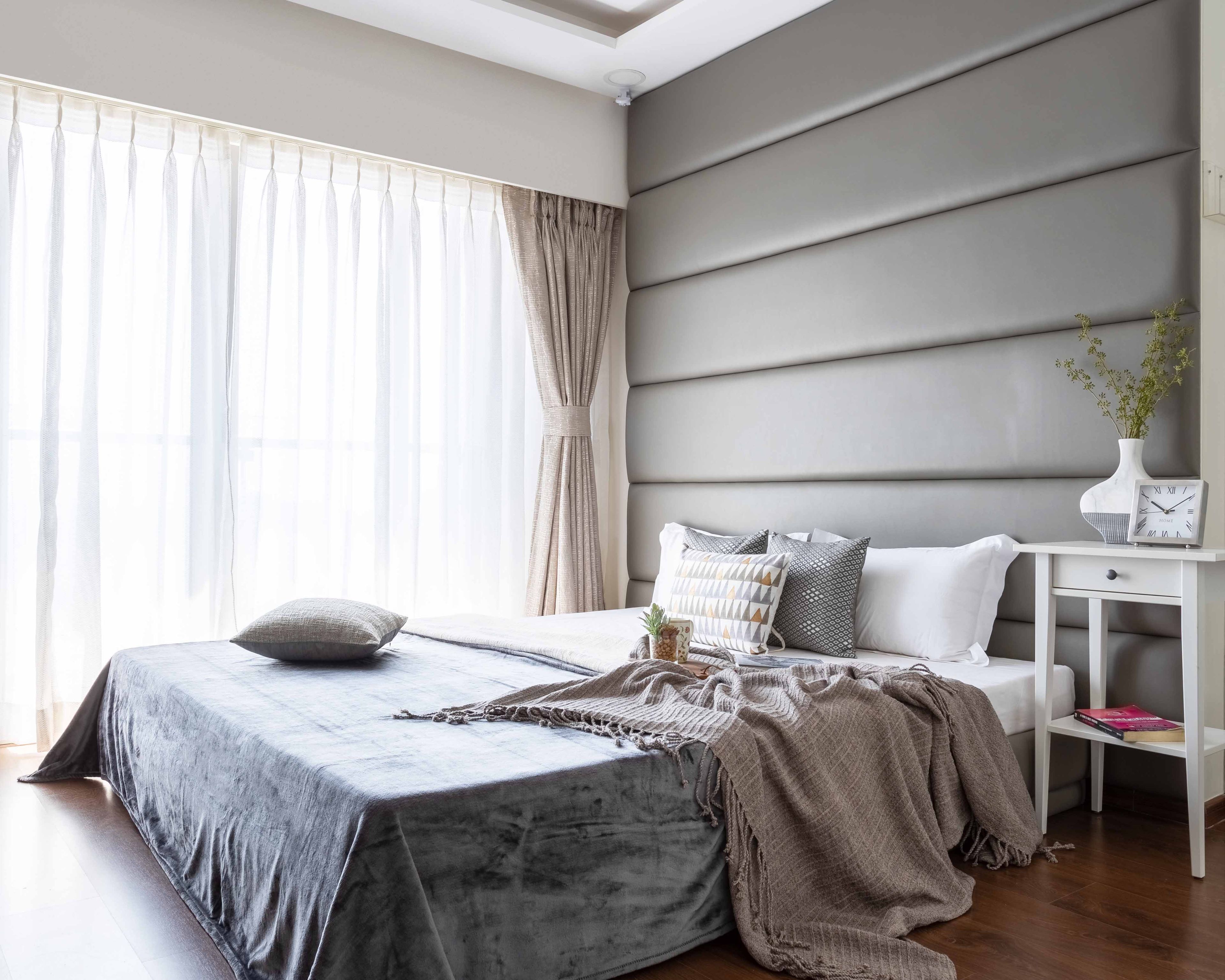 Minimal Master Bedroom Design With Floor-To-Ceiling Grey Headboard