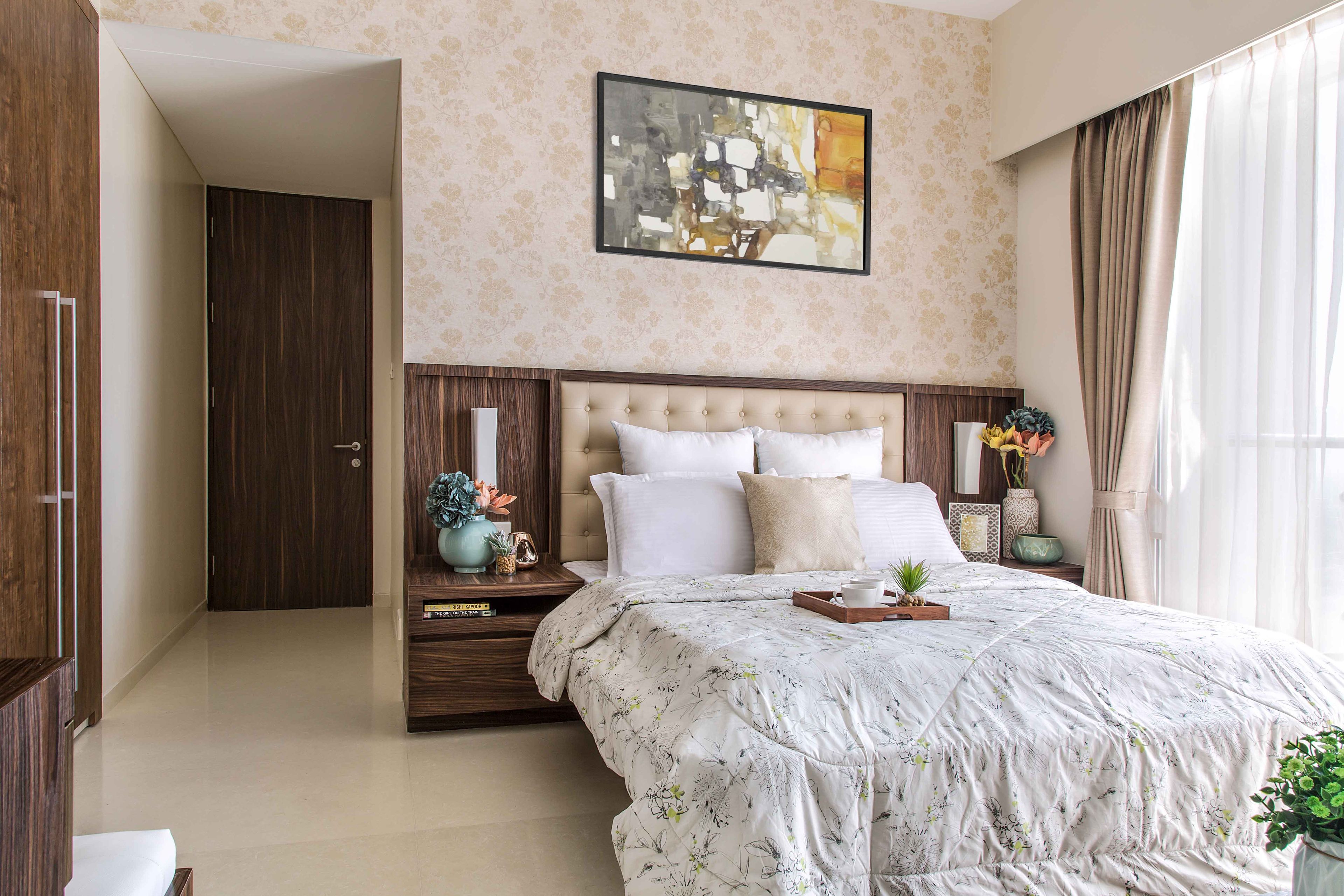 Modern Master Bedroom Design With Wooden Interior Design Elements And Beige Floral Wallpaper