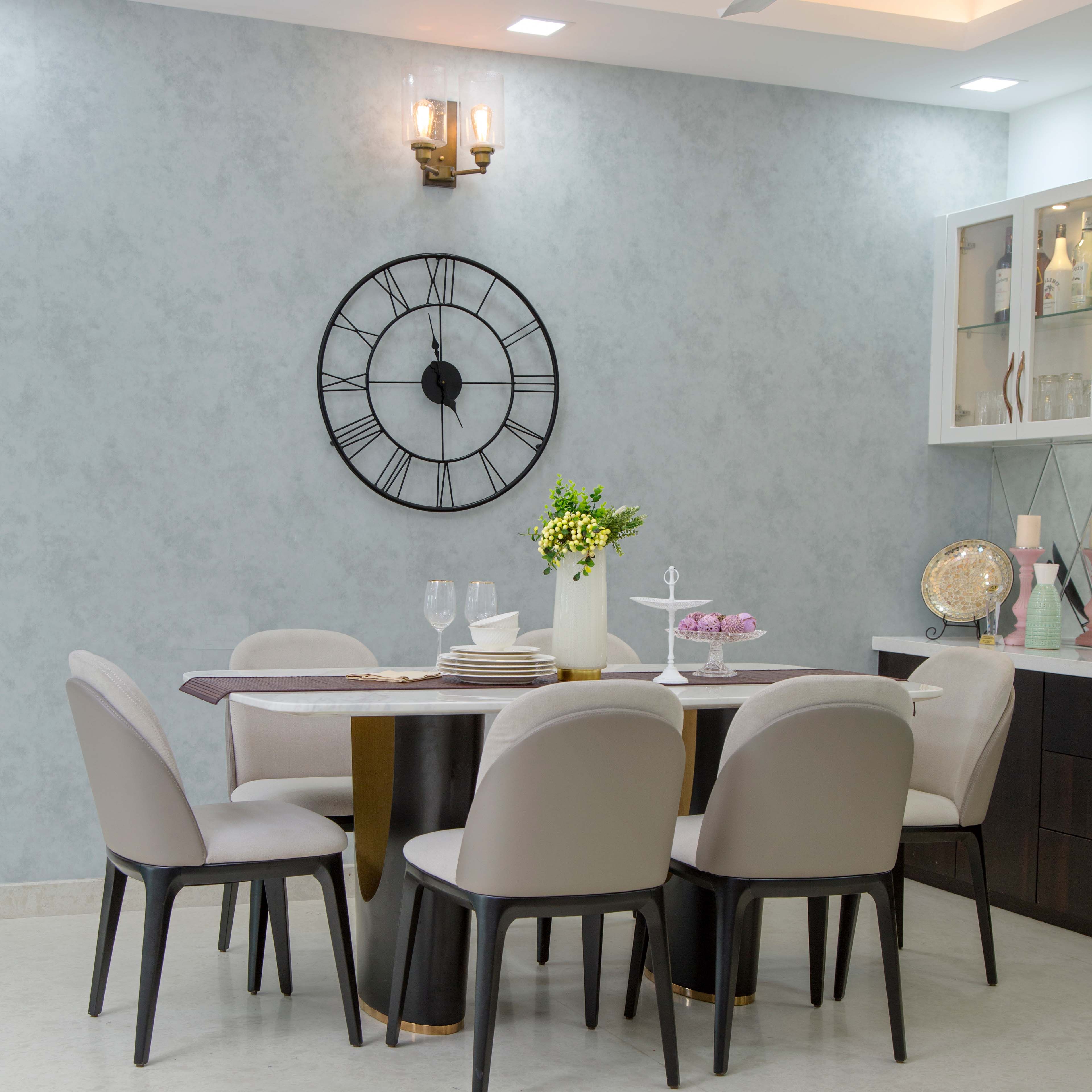 Mid-Century Modern 6-Seater White And Black Dining Table With Blue Accent Wall