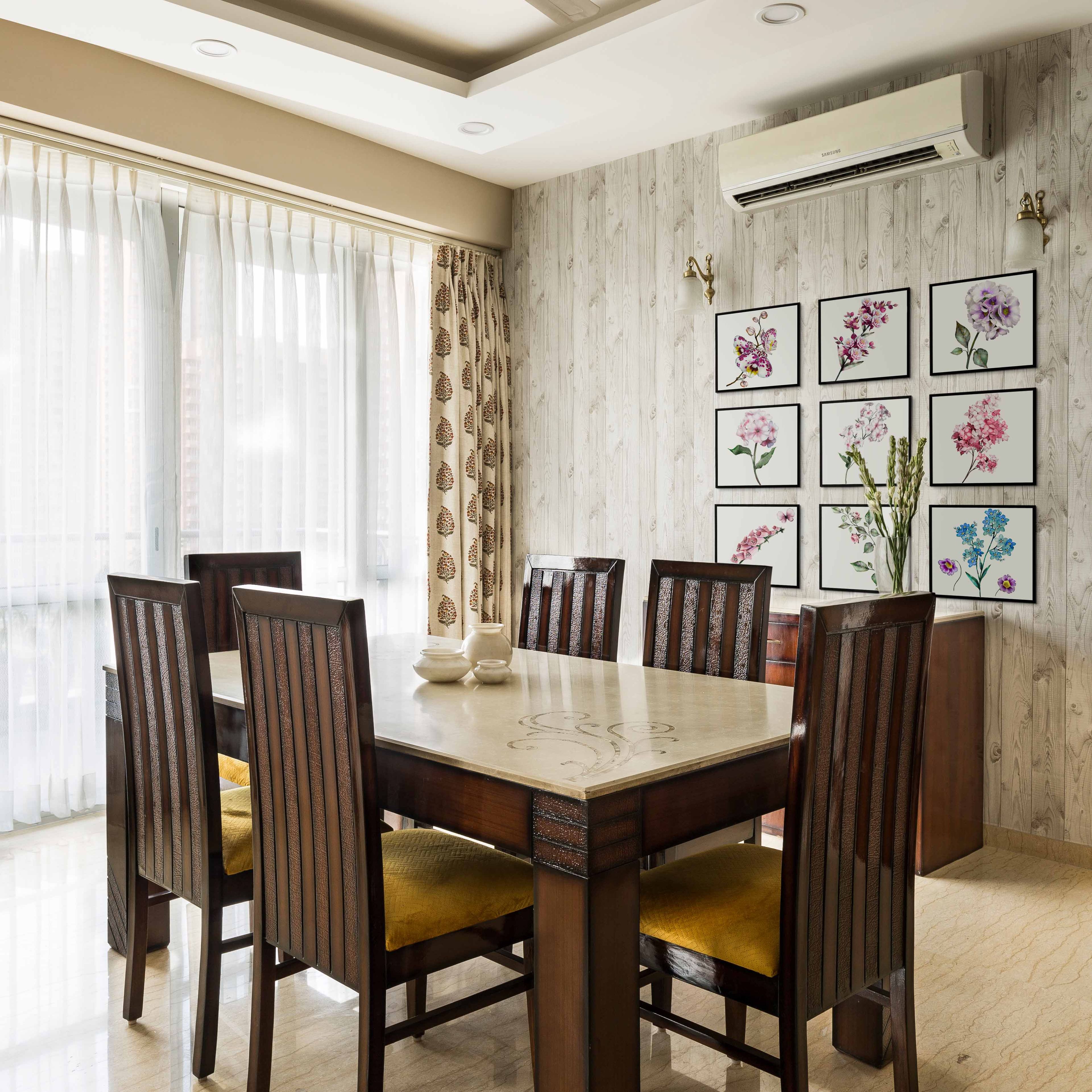 Modern 6-Seater Wood And Off-White Dining Room Design With Yellow Chairs