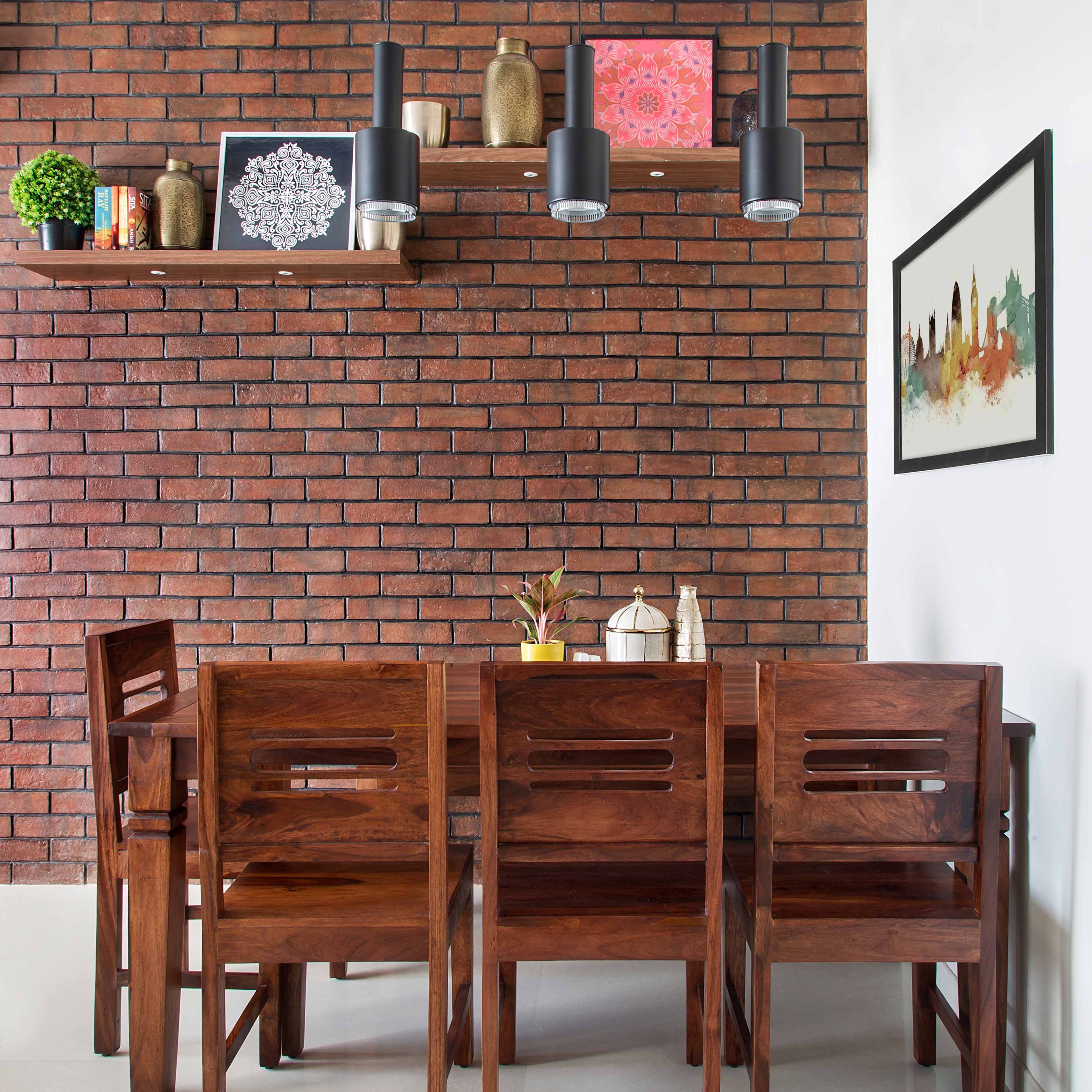 Rustic 4-Seater Wooden Dining Room Design With Red Brick Accent Wall