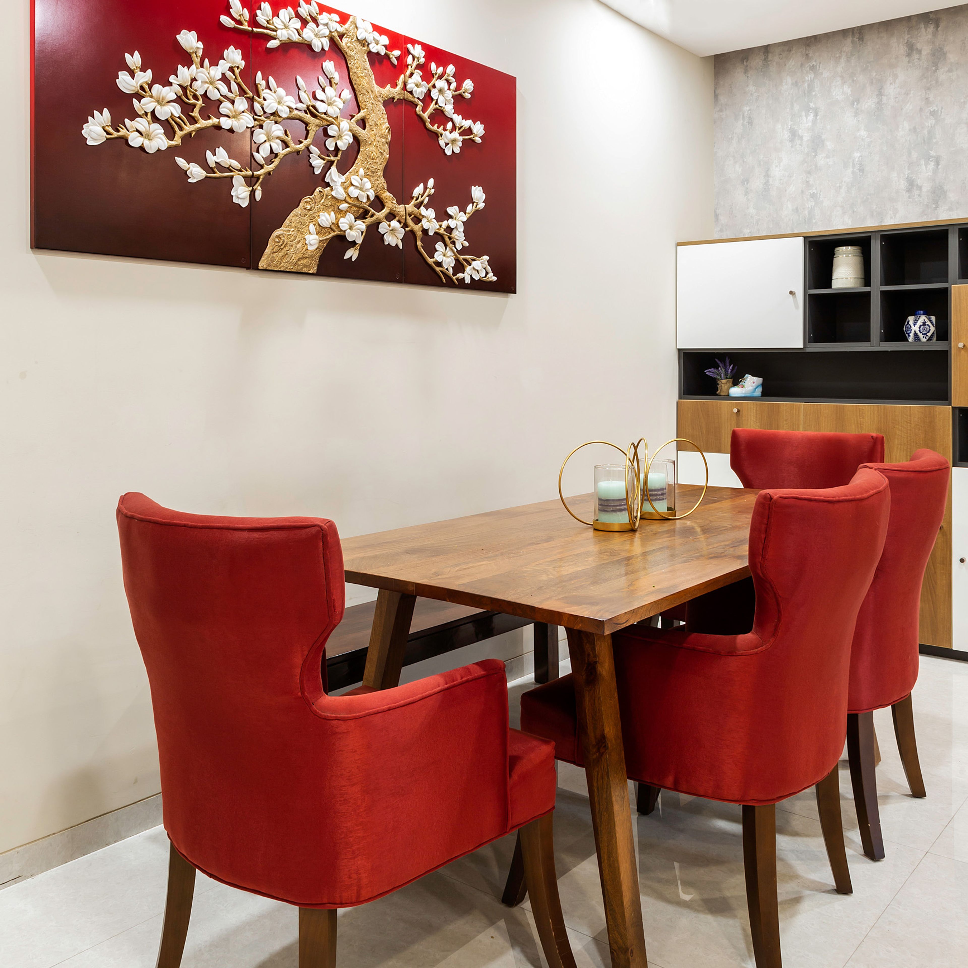 Contemporay 4-Seater Wooden Dining Room Design With Orange Chairs And Wooden Bench