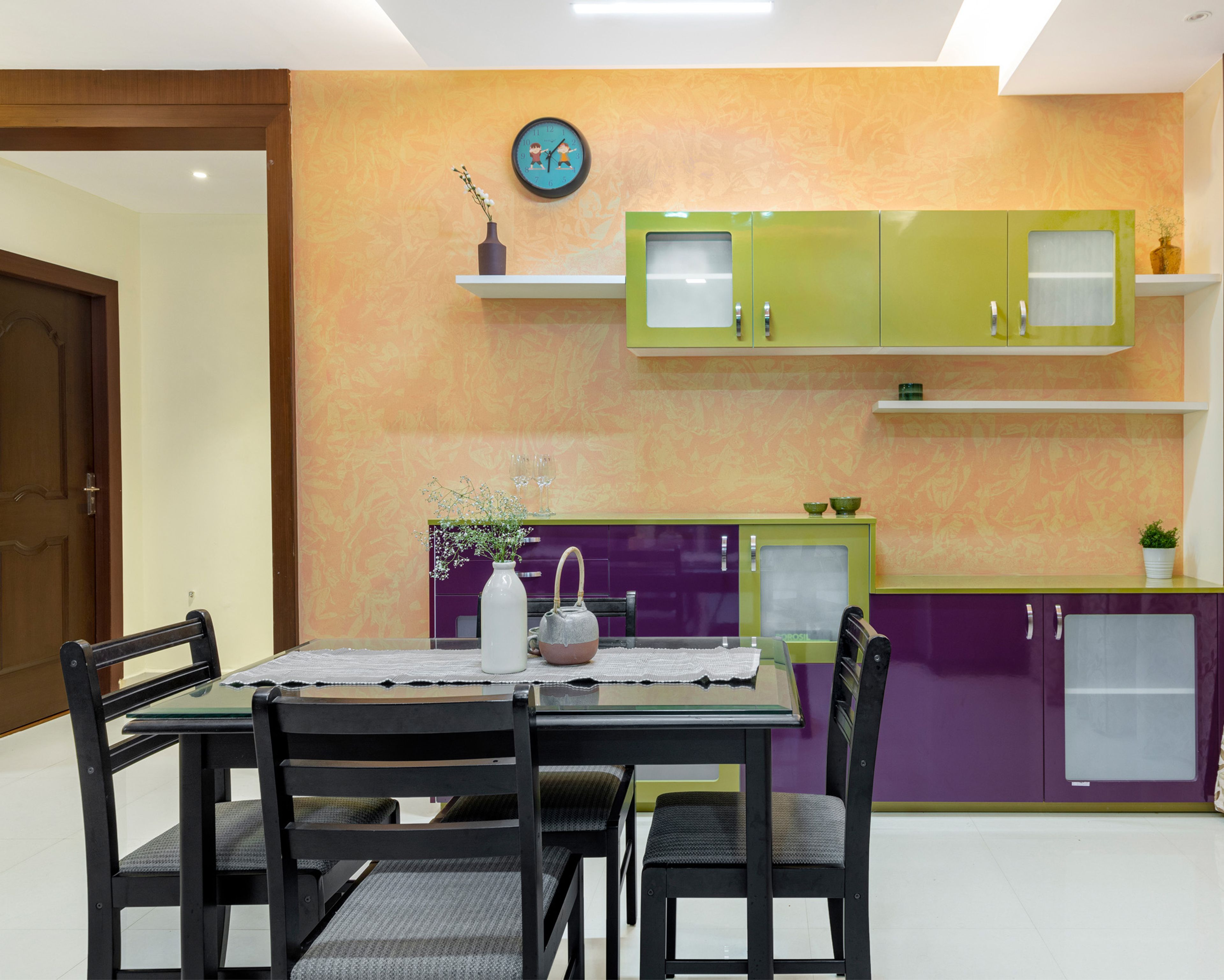 Contemporary 4-Seater Black Dining Table Design With Glossy Purple And Green Crockery Unit