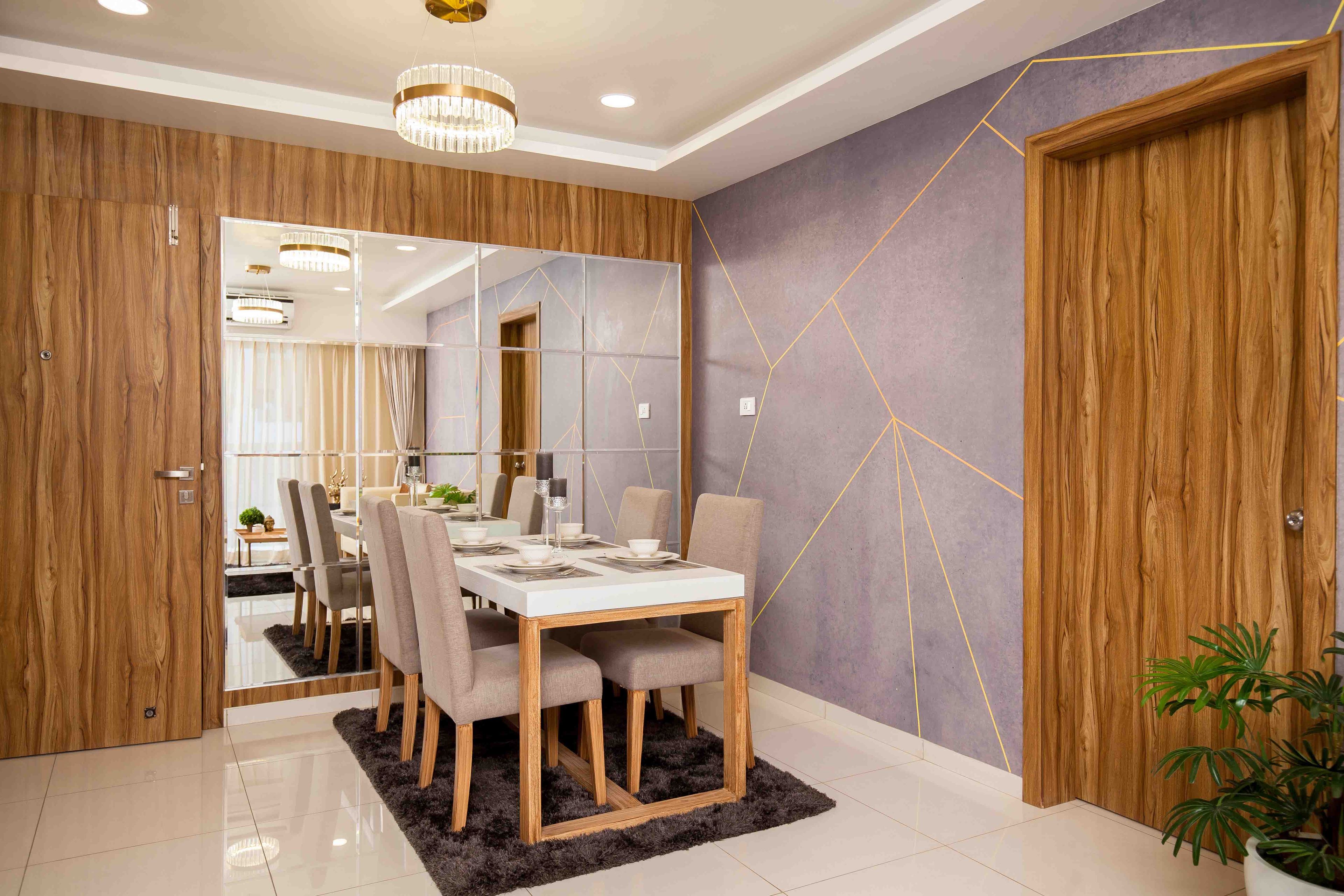 Contemporary 4-Seater White And Wood Dining Room Design With Beige Chairs