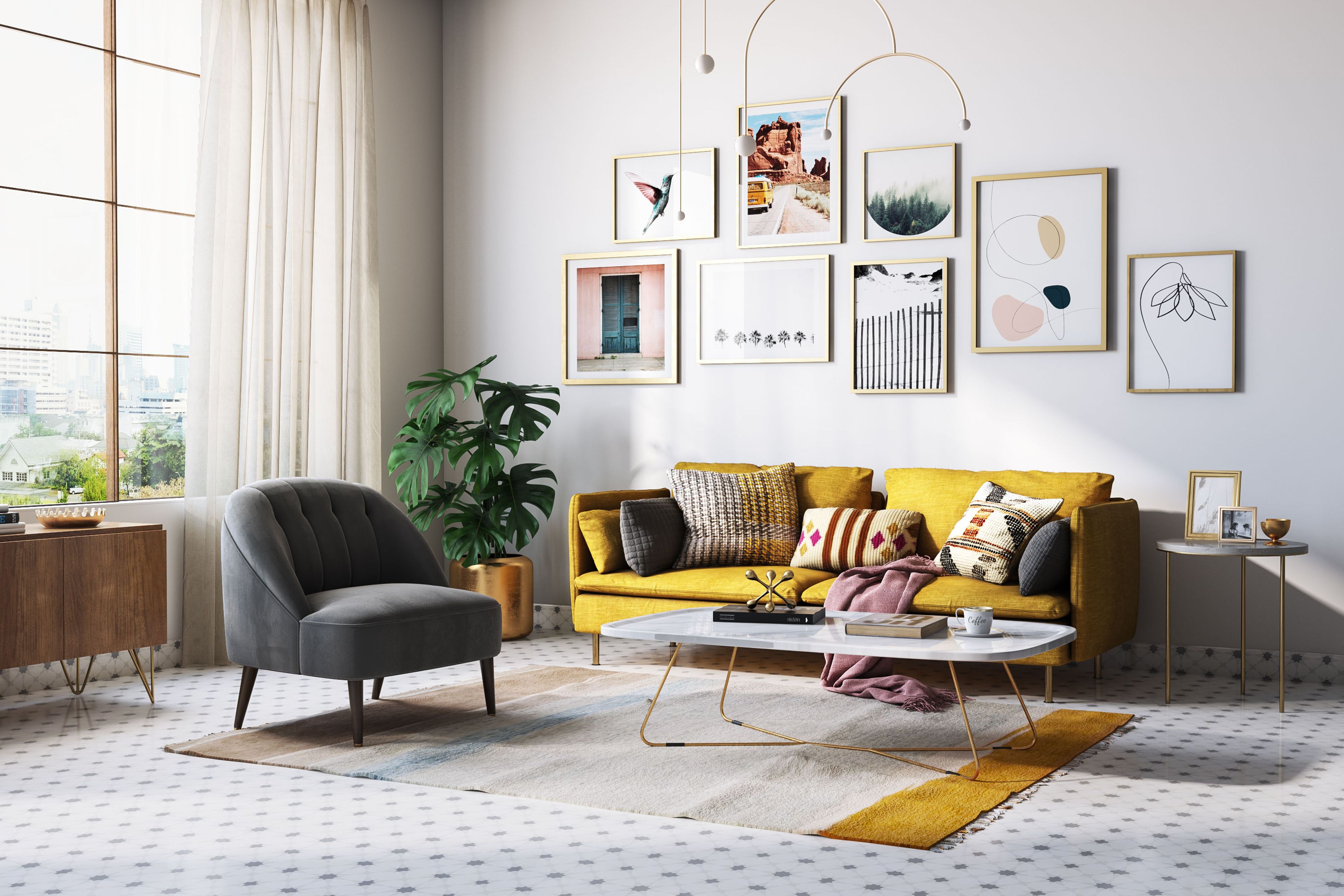 Vitrified Grey And White Living Room Flooring Design With 8-Point Star Motifs - Livspace