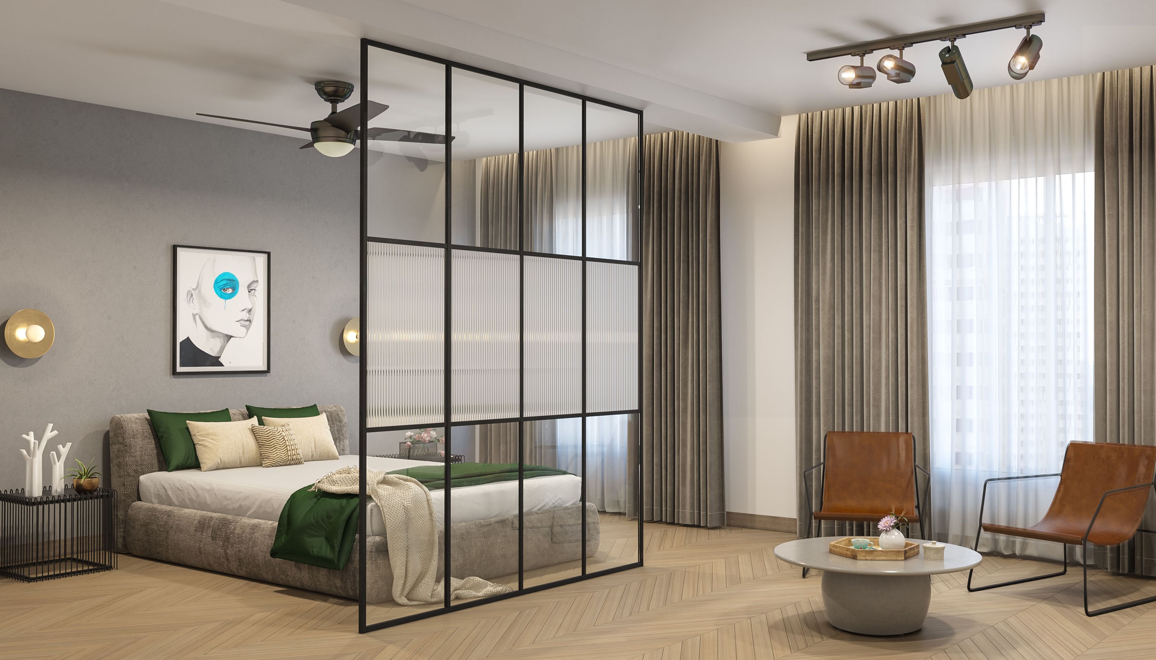 Light Wood Herringbone Bedroom Flooring Design With Industrial Aesthetics - Livspace