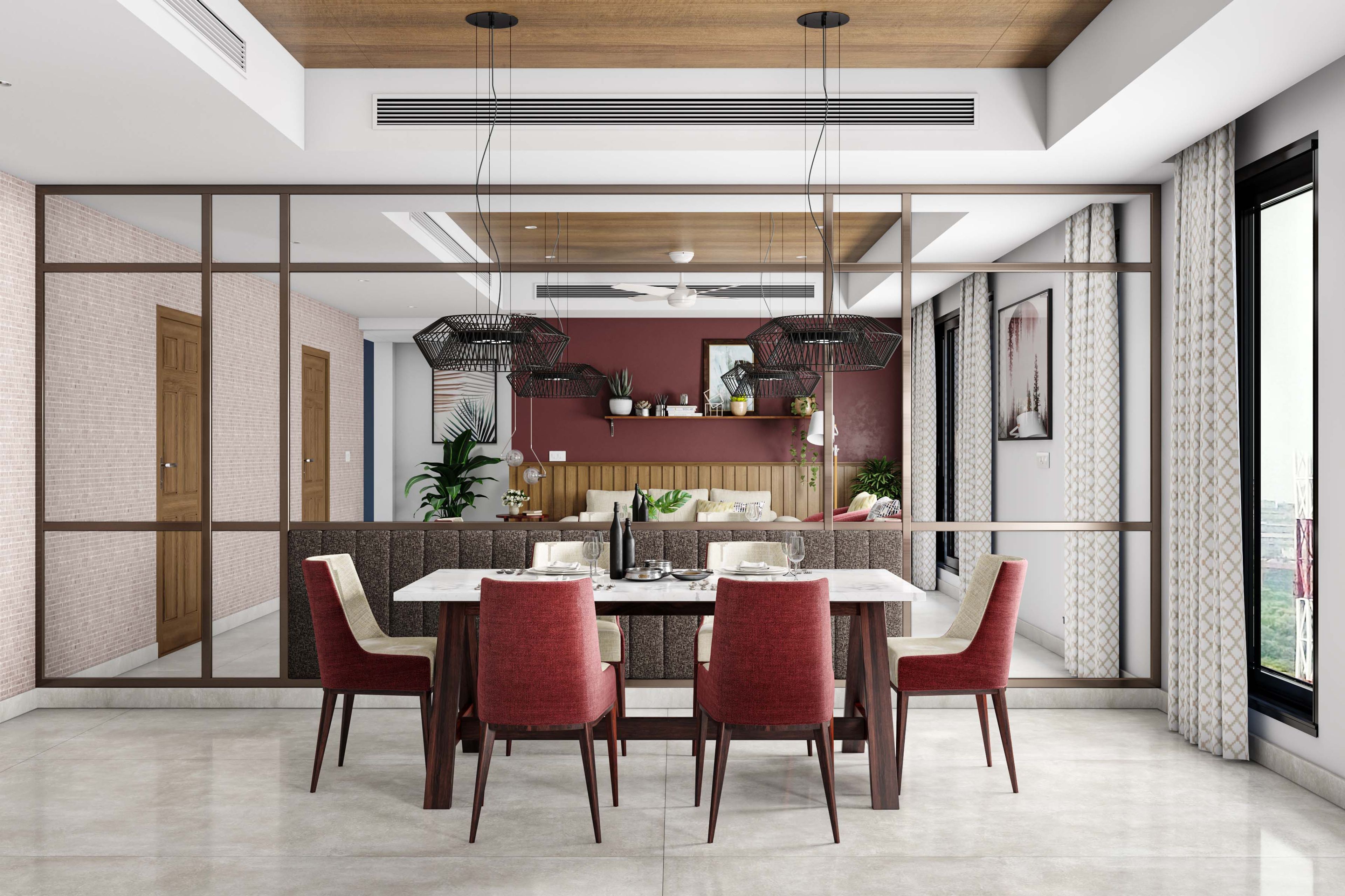 Contemporary Rectangular Cream Dining Room Flooring Design