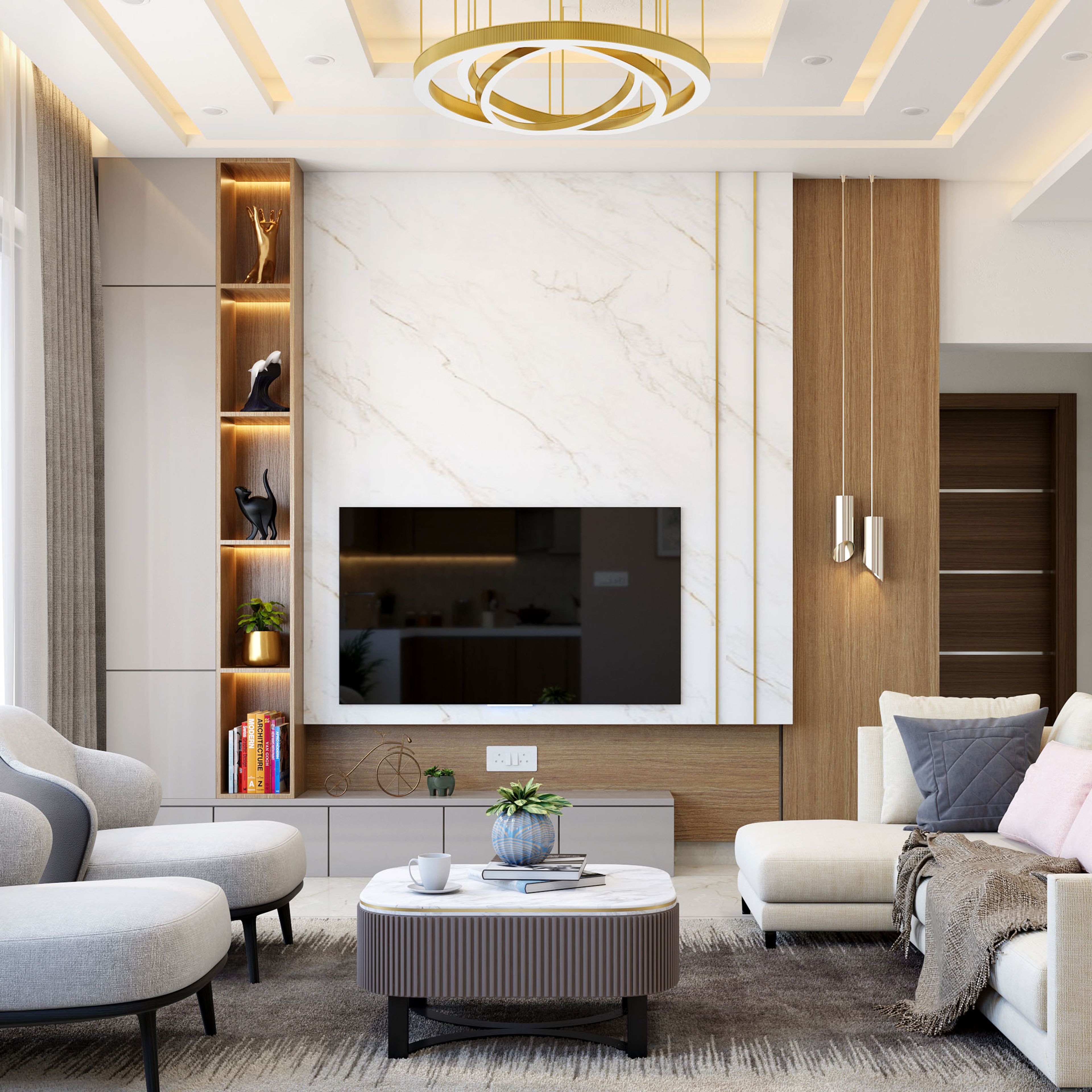 Mid-Century Modern TV Unit Design With Open And Closed Storage