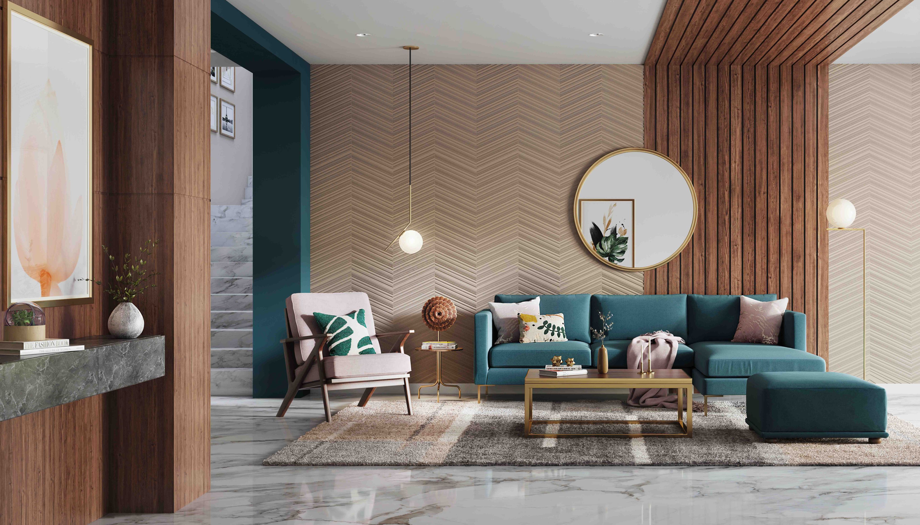 Beige Chevron Wall Design And Wooden Panelling Contrasted By Teal Blue Sofa And Off-White Accent Chair - Livspace