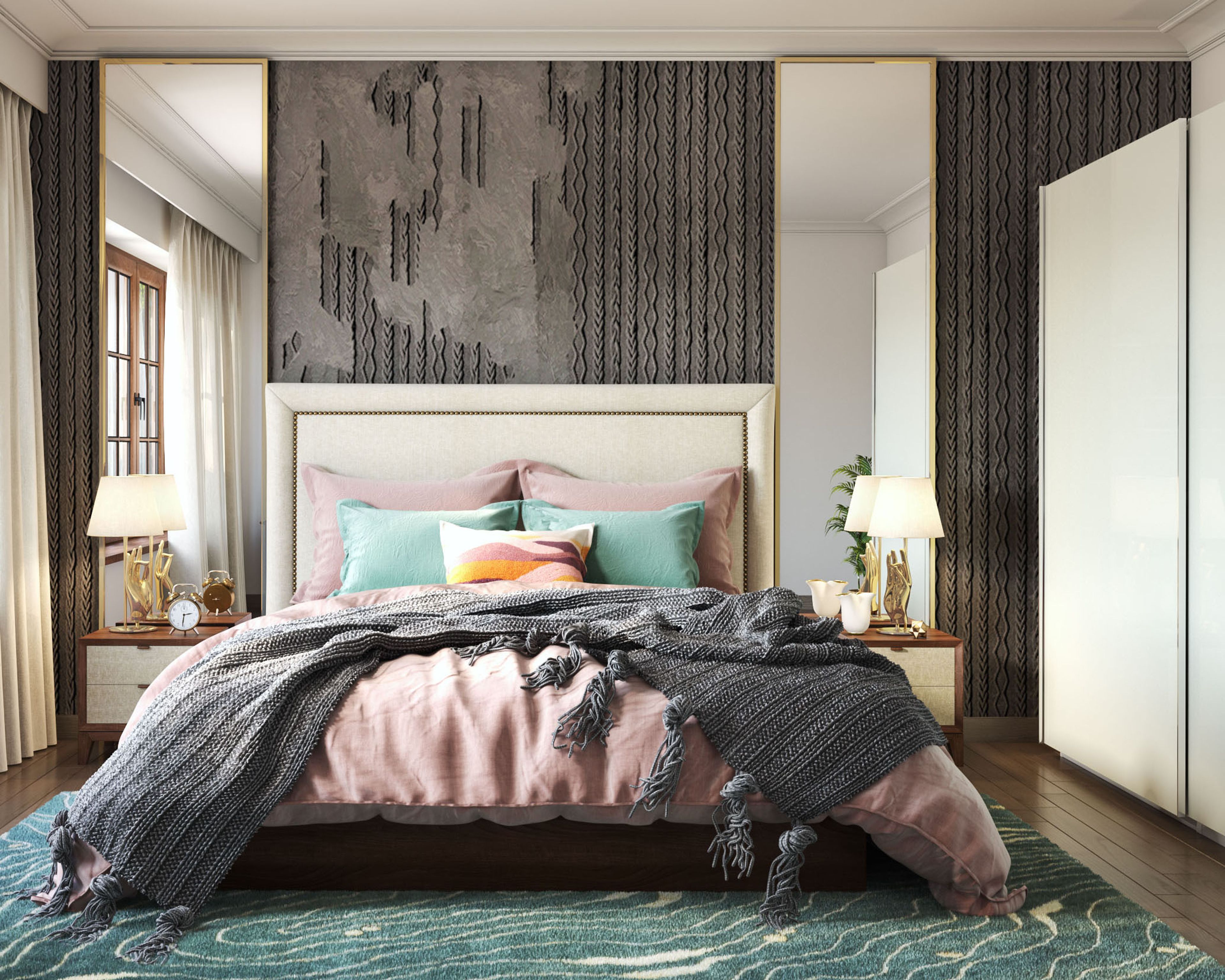 Rustic Grey Bedroom Wall Design With Wallpaper And Cream-Toned Queen-Sized Bed | Livspace