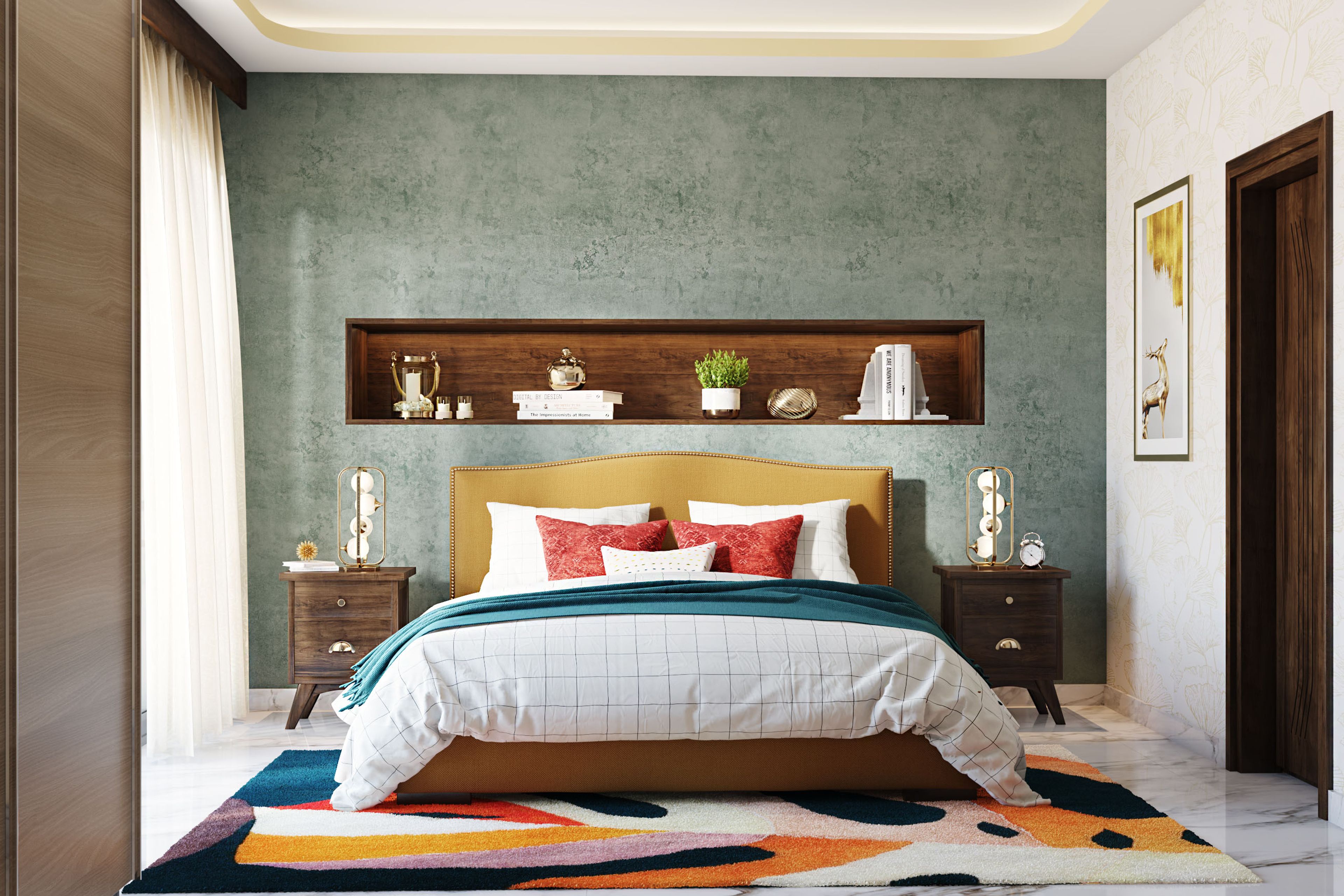 Classic Light Green And Wooden Wall Niche Bedroom Wall Design - Livspace