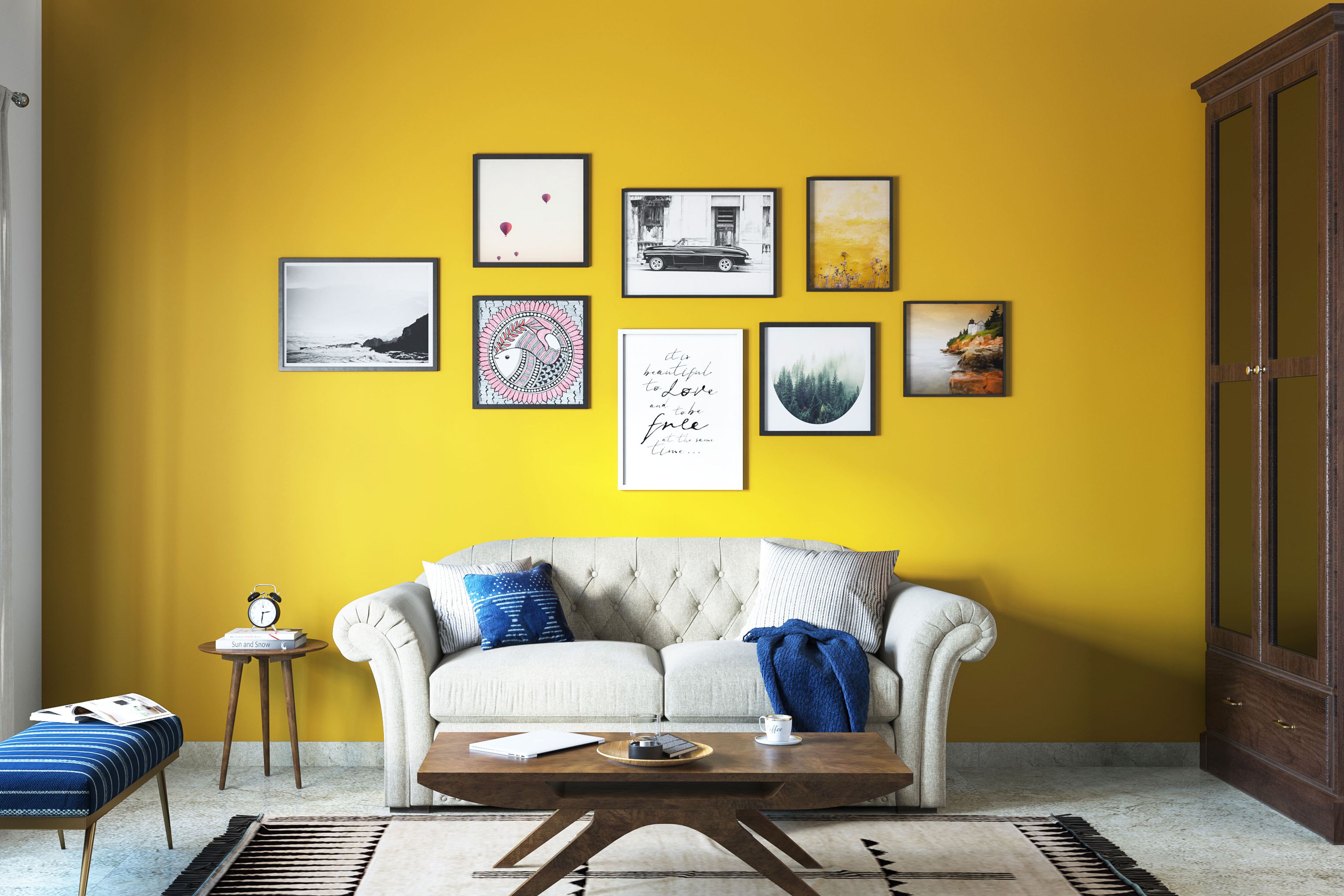 Bright Yellow Accent Wall Paint Design For Living Room With White Sofa - Livspace