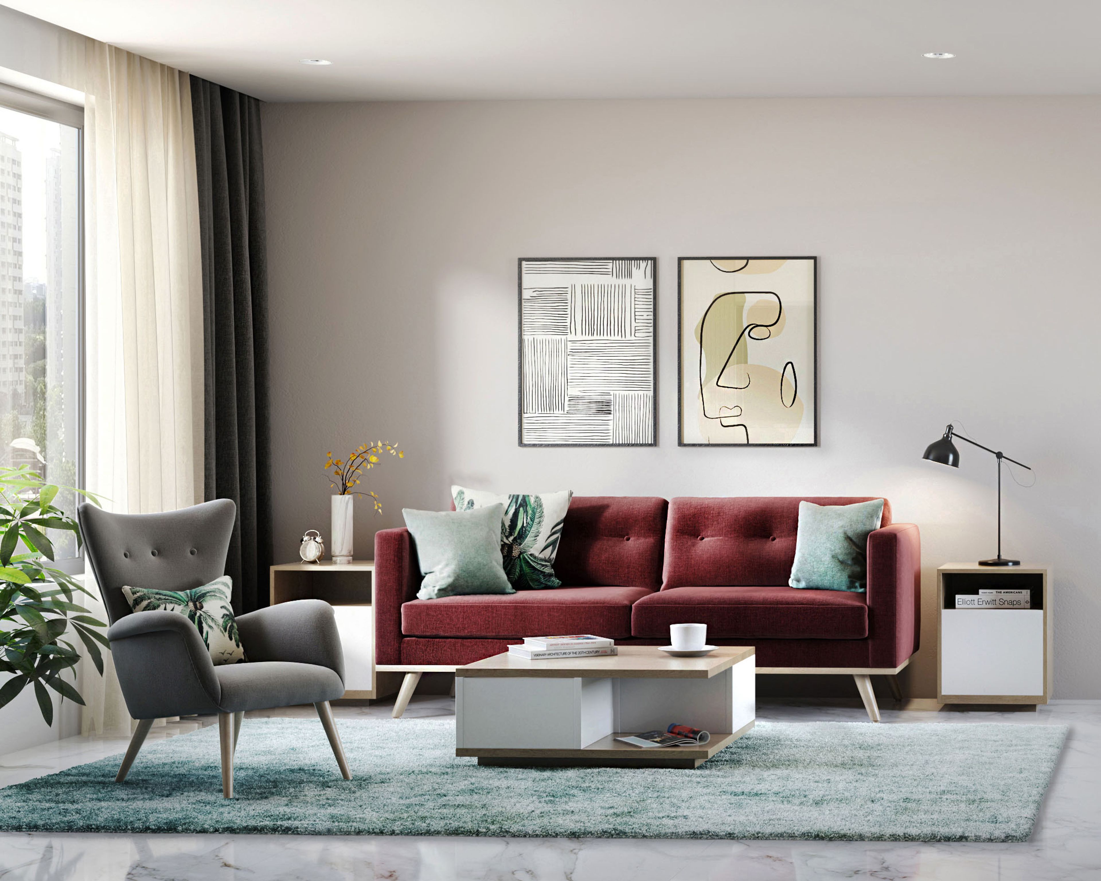 Modern Off-White Living Room Wall Paint Design With Abstract Wall Art