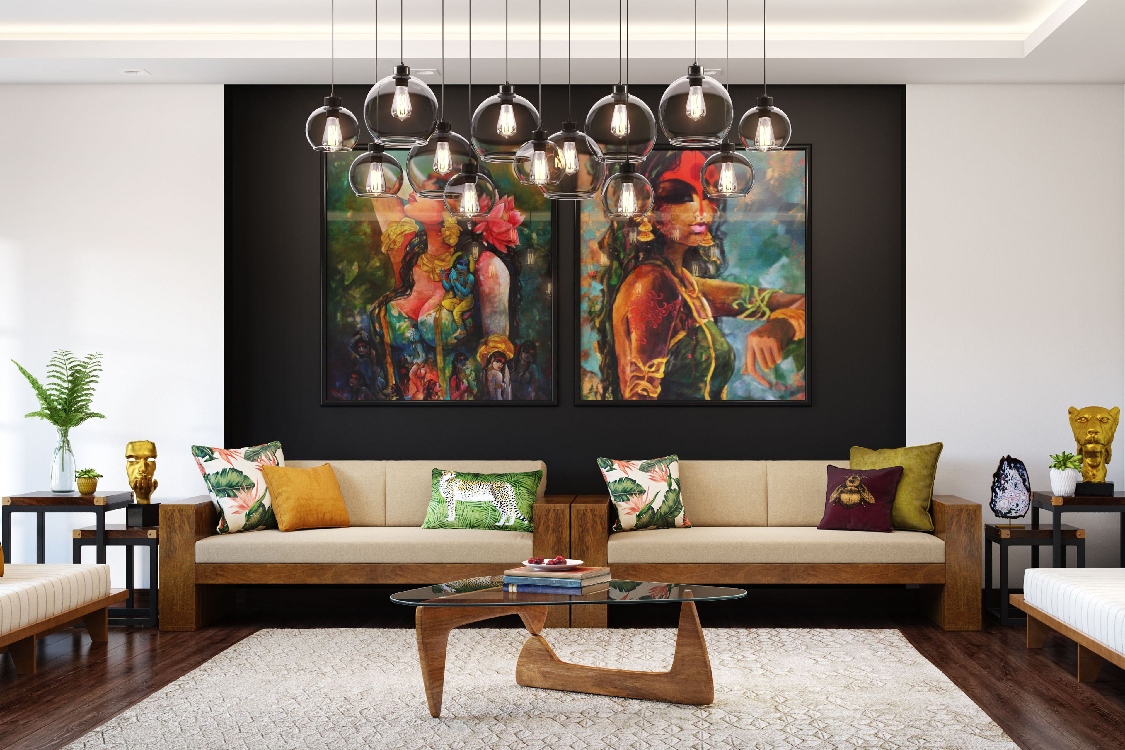 Black And White Living Room Wall Paint Design With Colourful Abstract Paintings And Beige Sofas - Livspace