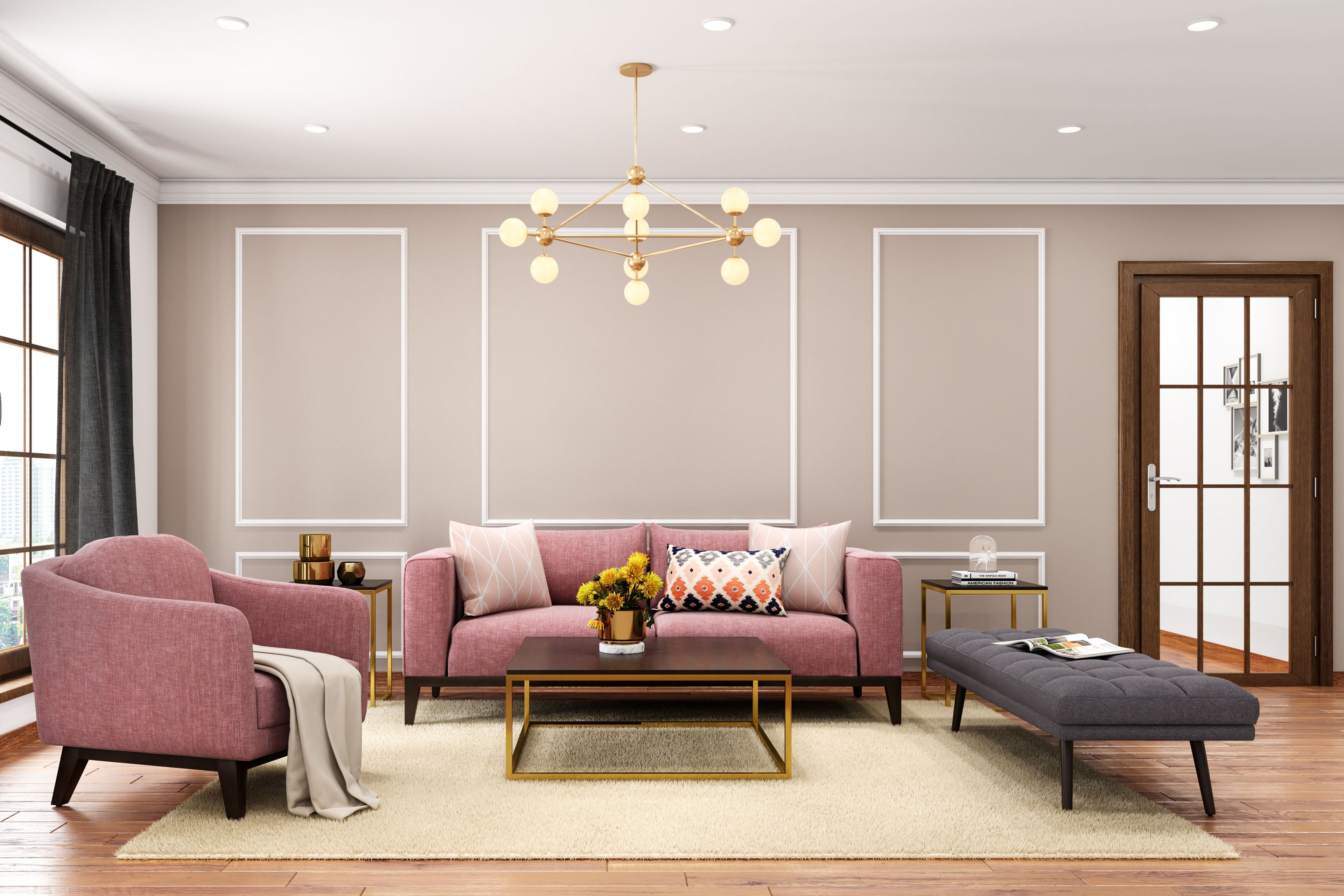 Contemporary Beige Living Room Wall Paint Design With White Trims