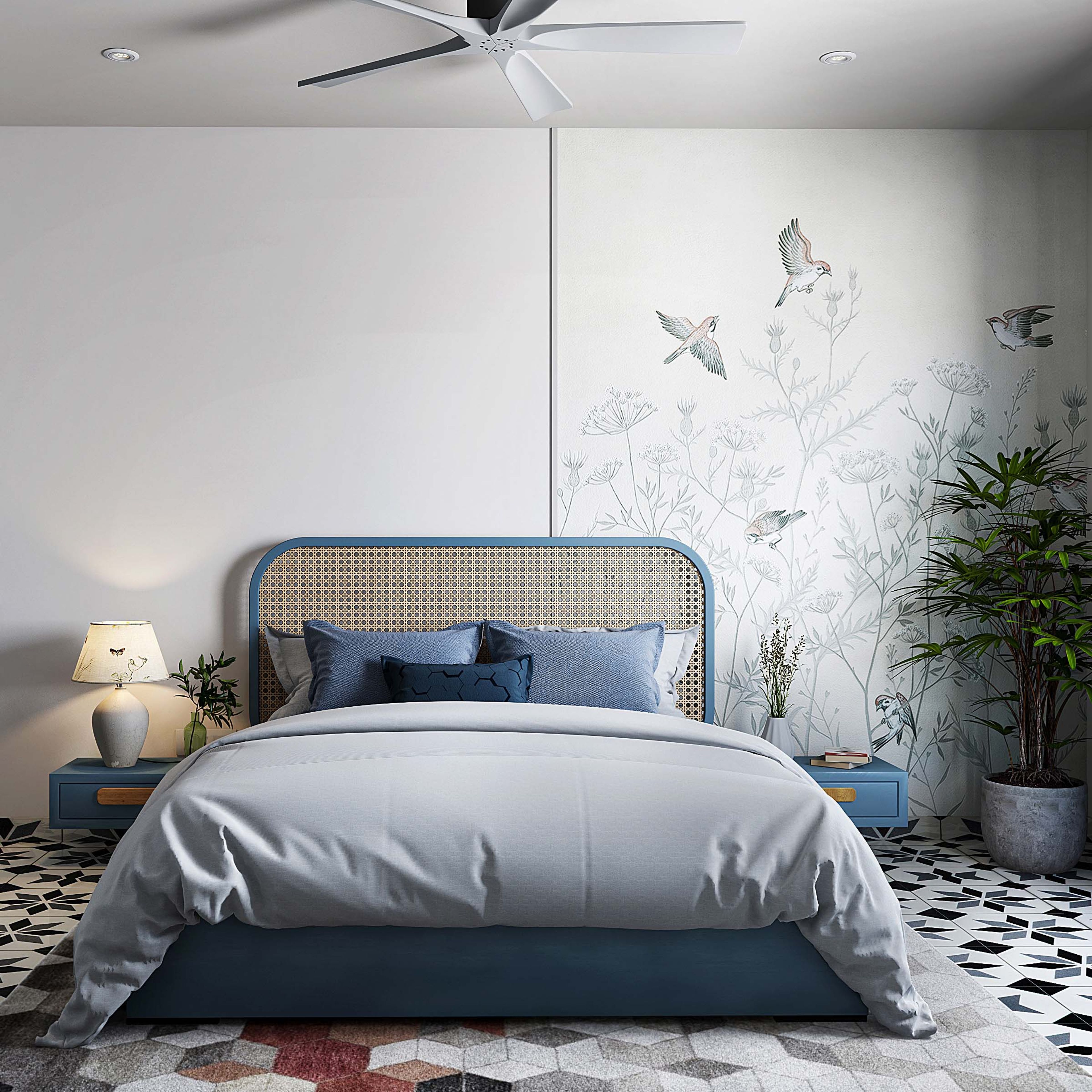 Nature Themed White, Grey And Light Blue Bedroom Wallpaper Design With Blue Bed And Rattan Headboard - Livspace
