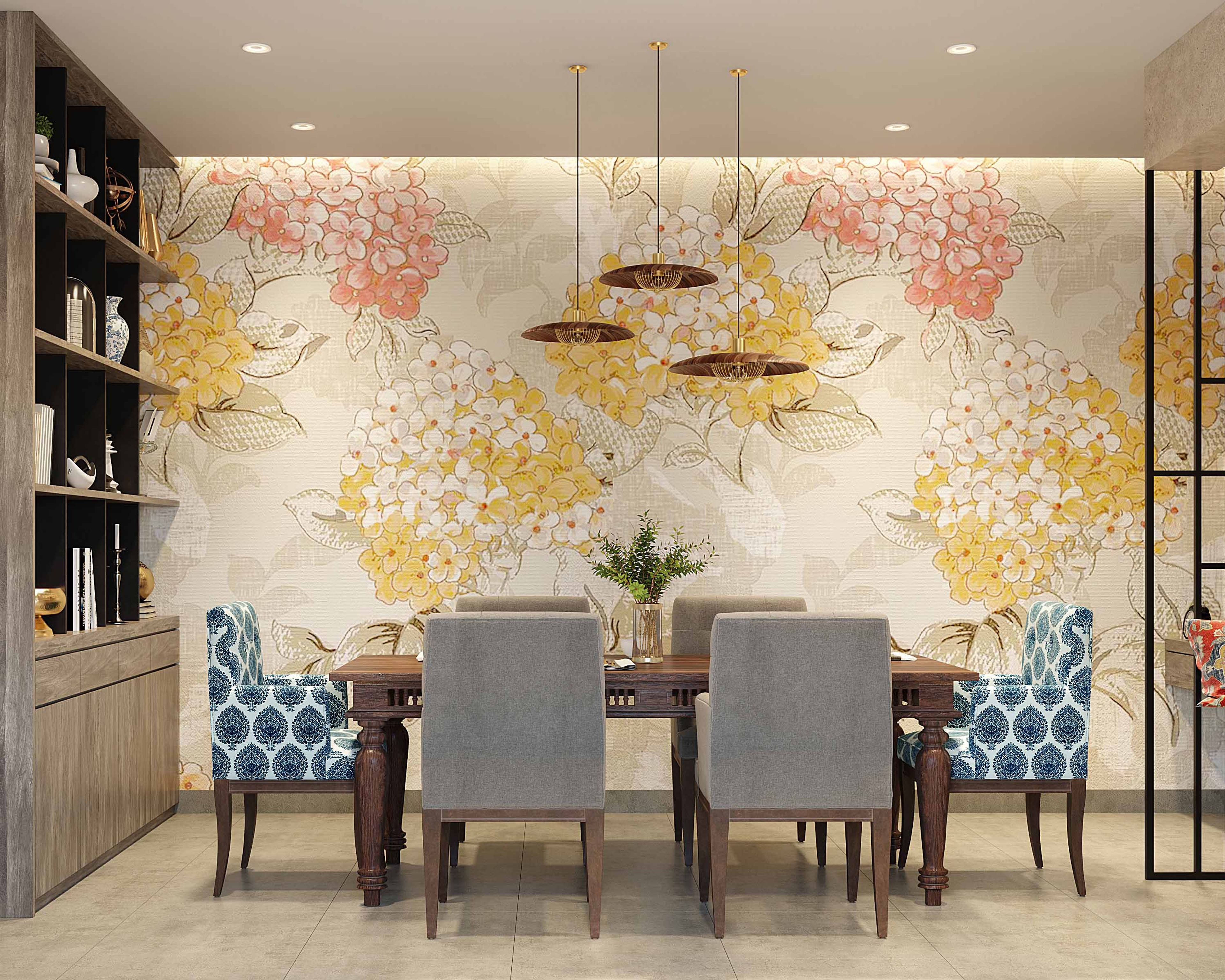 Asian-Themed Floral Print Dining Room Wallpaper Design With 6-Seater Dining Table - Livspace