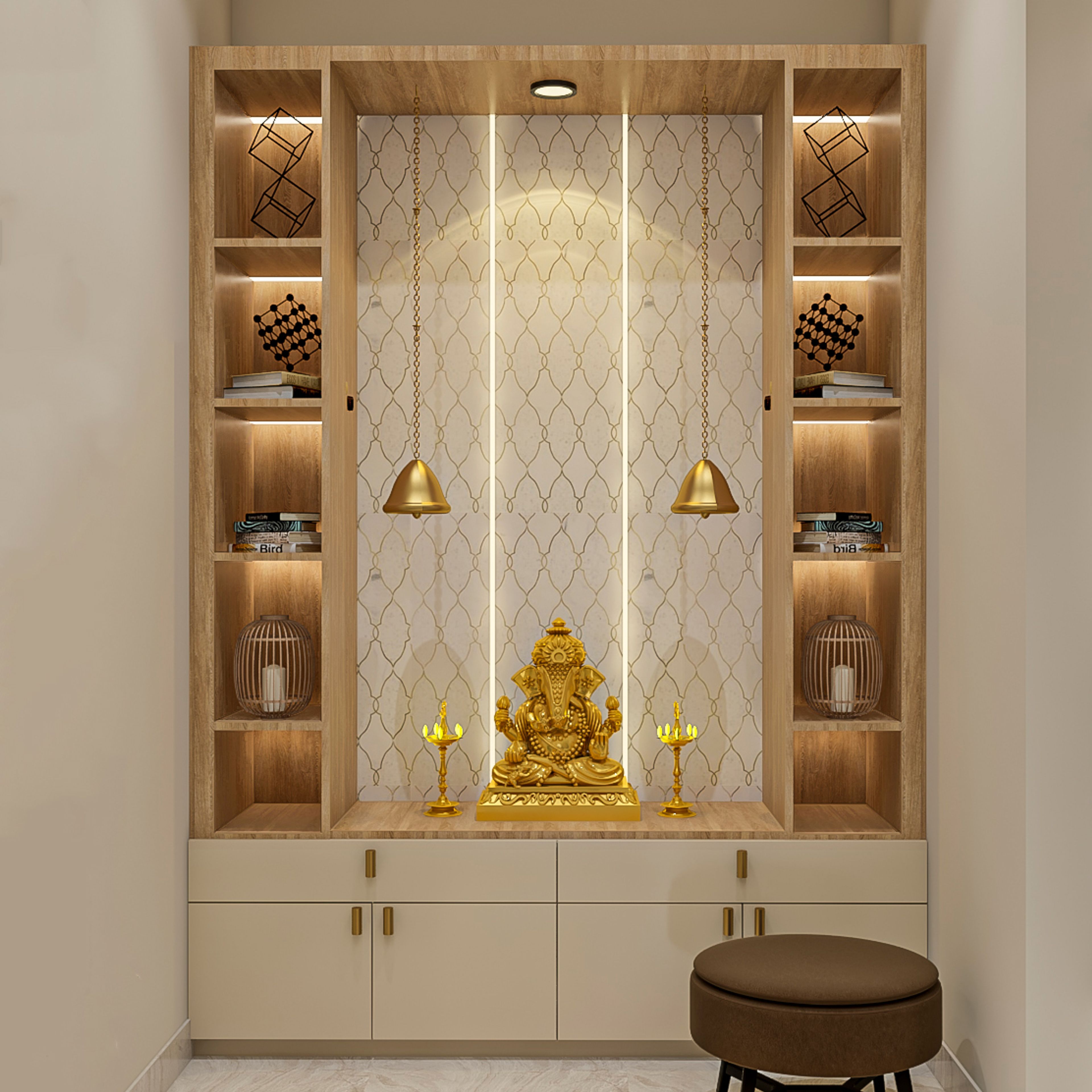 Contemporary Beige And Wood Mandir Design With Open Wooden Shelves