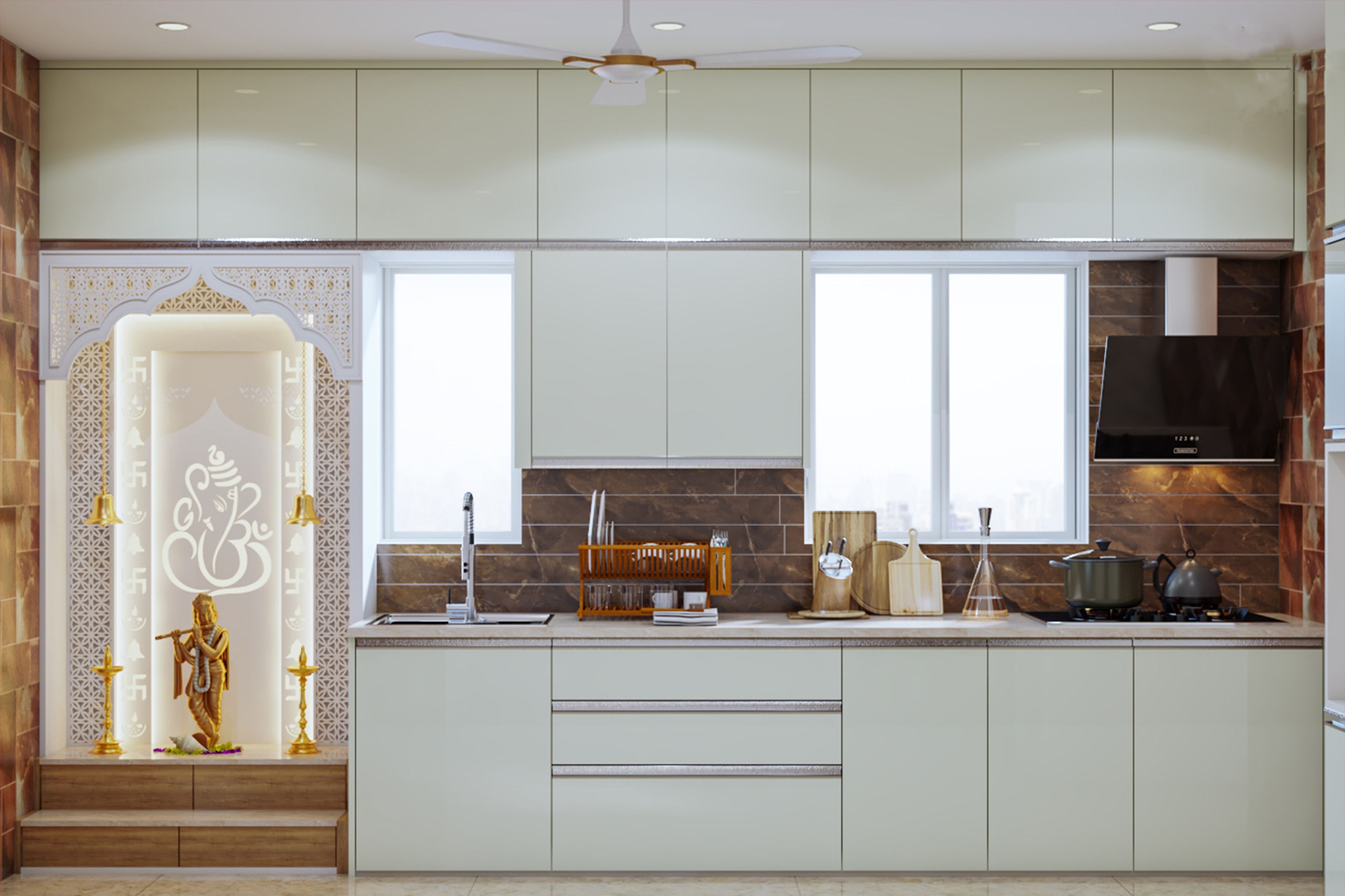 Classic White And Wood Floor-Mounted Mandir Design Integrated With Kitchen