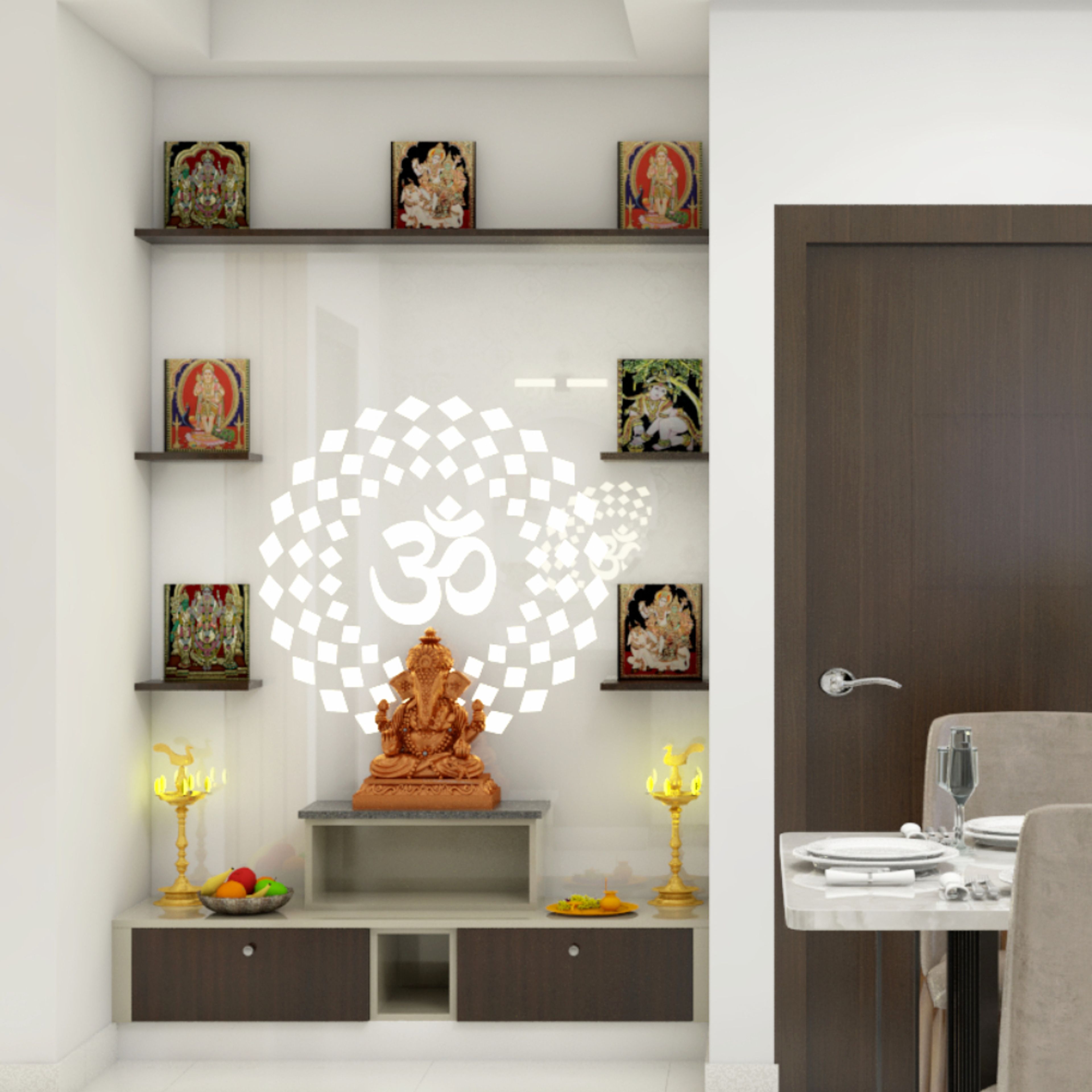 Champagne-Toned And Dark Wood Modern Mandir Unit With Floor-Mounted Storage, Wall Ledges And Backlit Om Mandala - Livspace