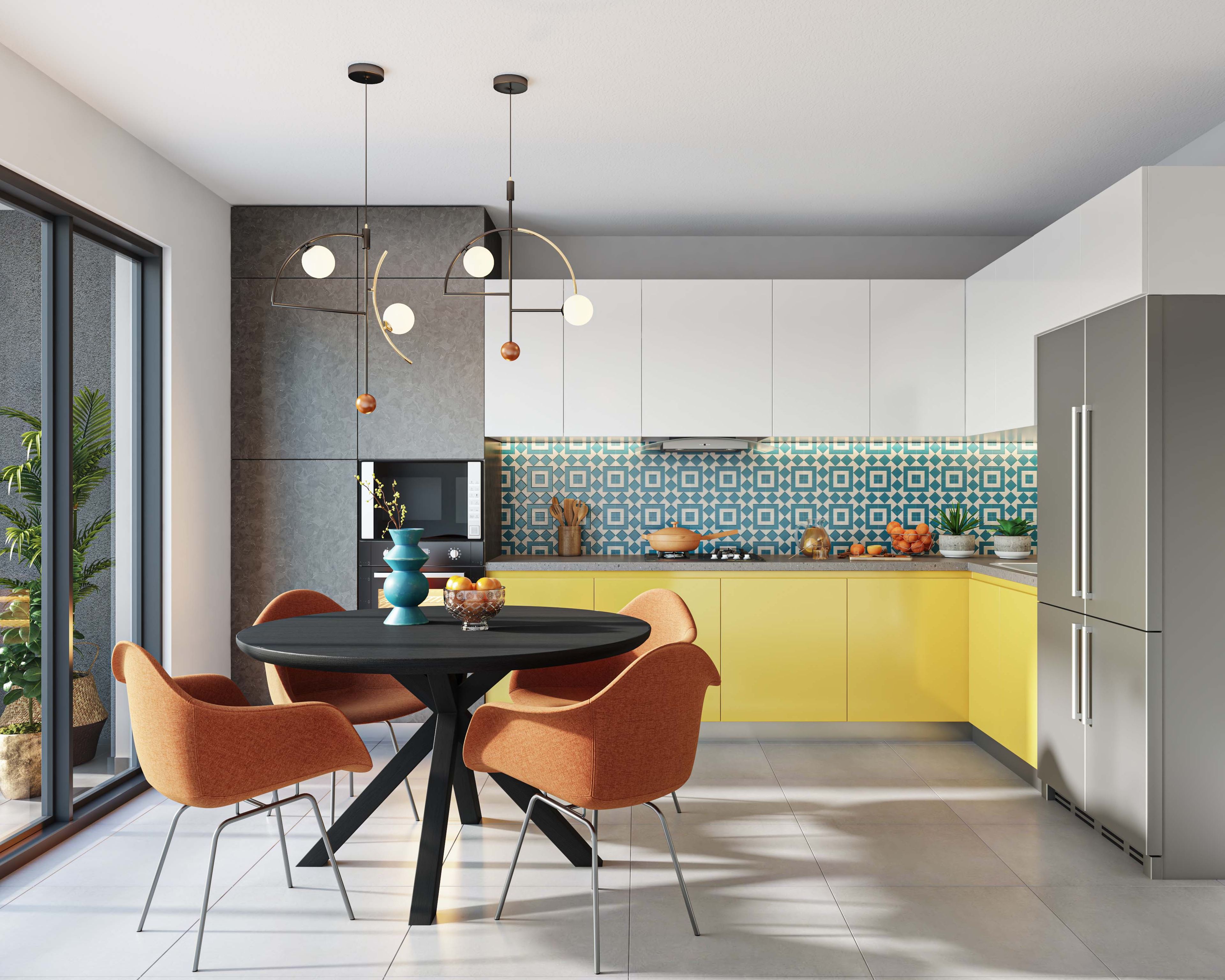 Bright Yellow And White L-Shaped Space-Saving Design With 4-Seater Black And Orange Dining Table - Livspace